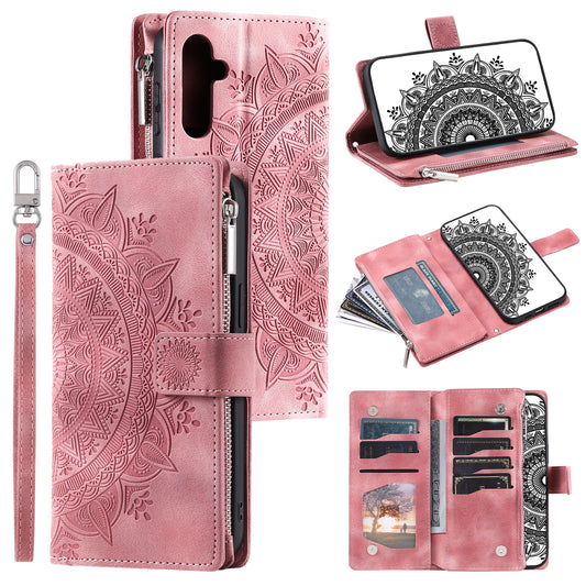 Style 006 For Samsung Galaxy A16 5G / A16 4G Wallet Case PU Leather Phone Cover Mandala Flower Pattern - Rose Gold