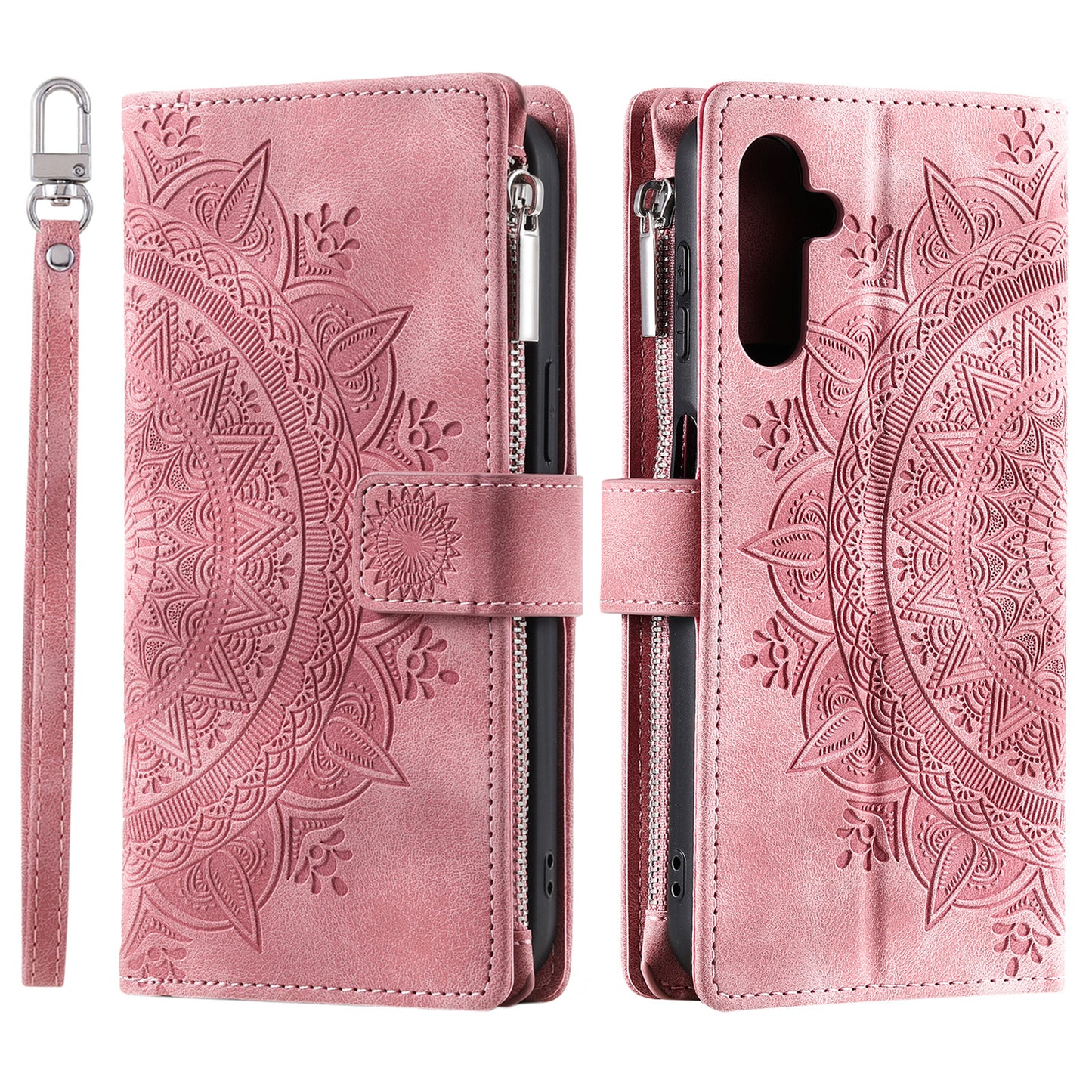 Style 006 For Samsung Galaxy A16 5G / A16 4G Wallet Case PU Leather Phone Cover Mandala Flower Pattern - Rose Gold