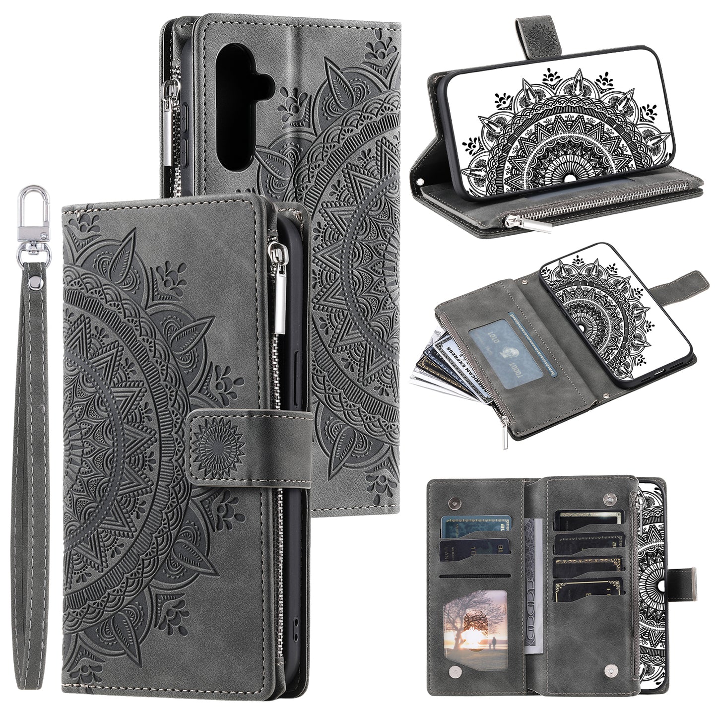 Style 006 For Samsung Galaxy A16 5G / A16 4G Wallet Case PU Leather Phone Cover Mandala Flower Pattern - Grey