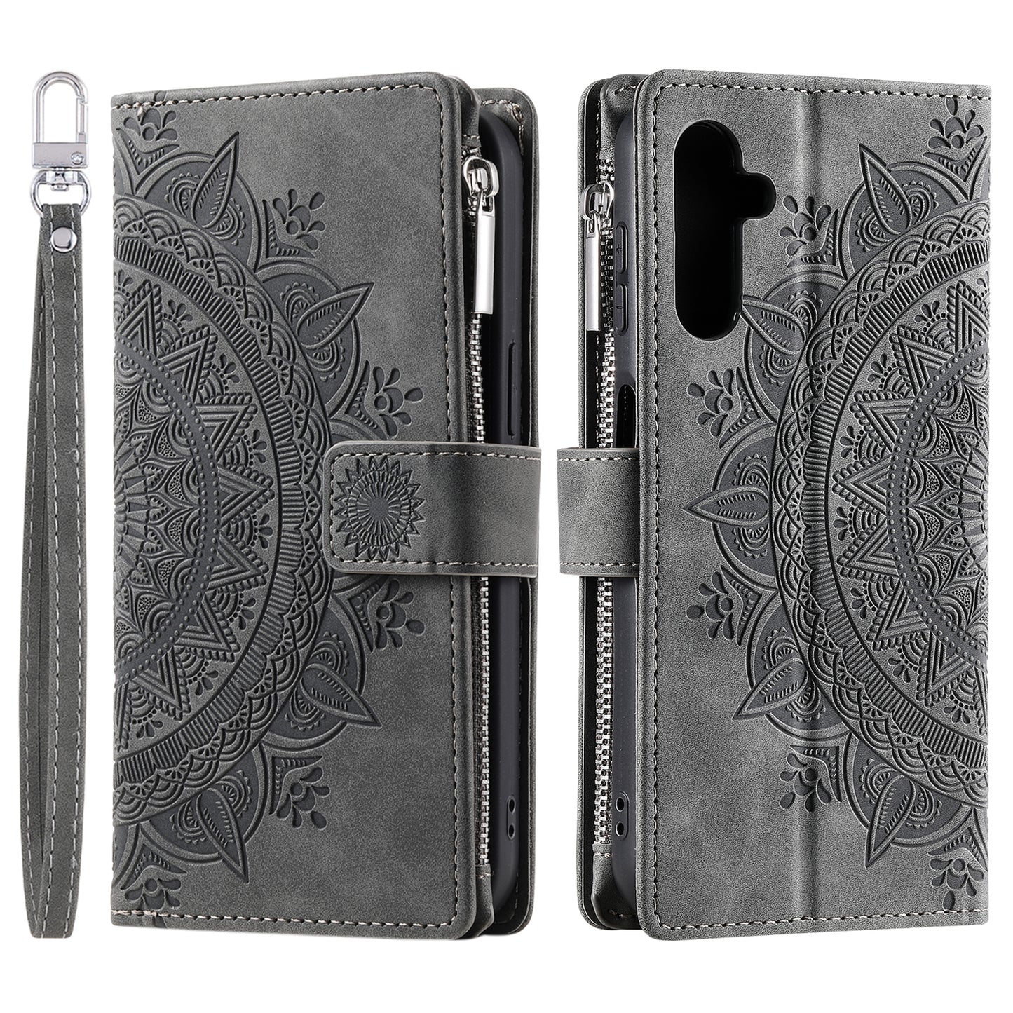 Style 006 For Samsung Galaxy A16 5G / A16 4G Wallet Case PU Leather Phone Cover Mandala Flower Pattern - Grey
