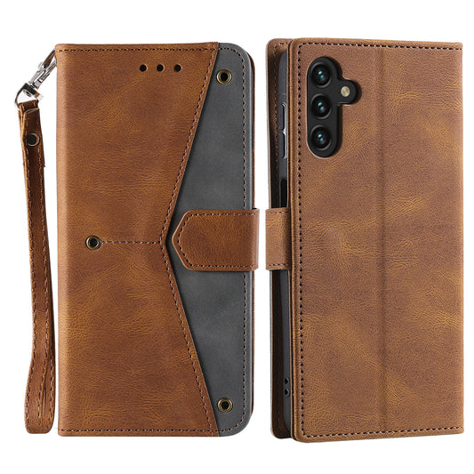 For Samsung Galaxy A16 5G / A16 4G Leather Case Splicing Stitching Wallet Stand Phone Cover with Strap - Brown