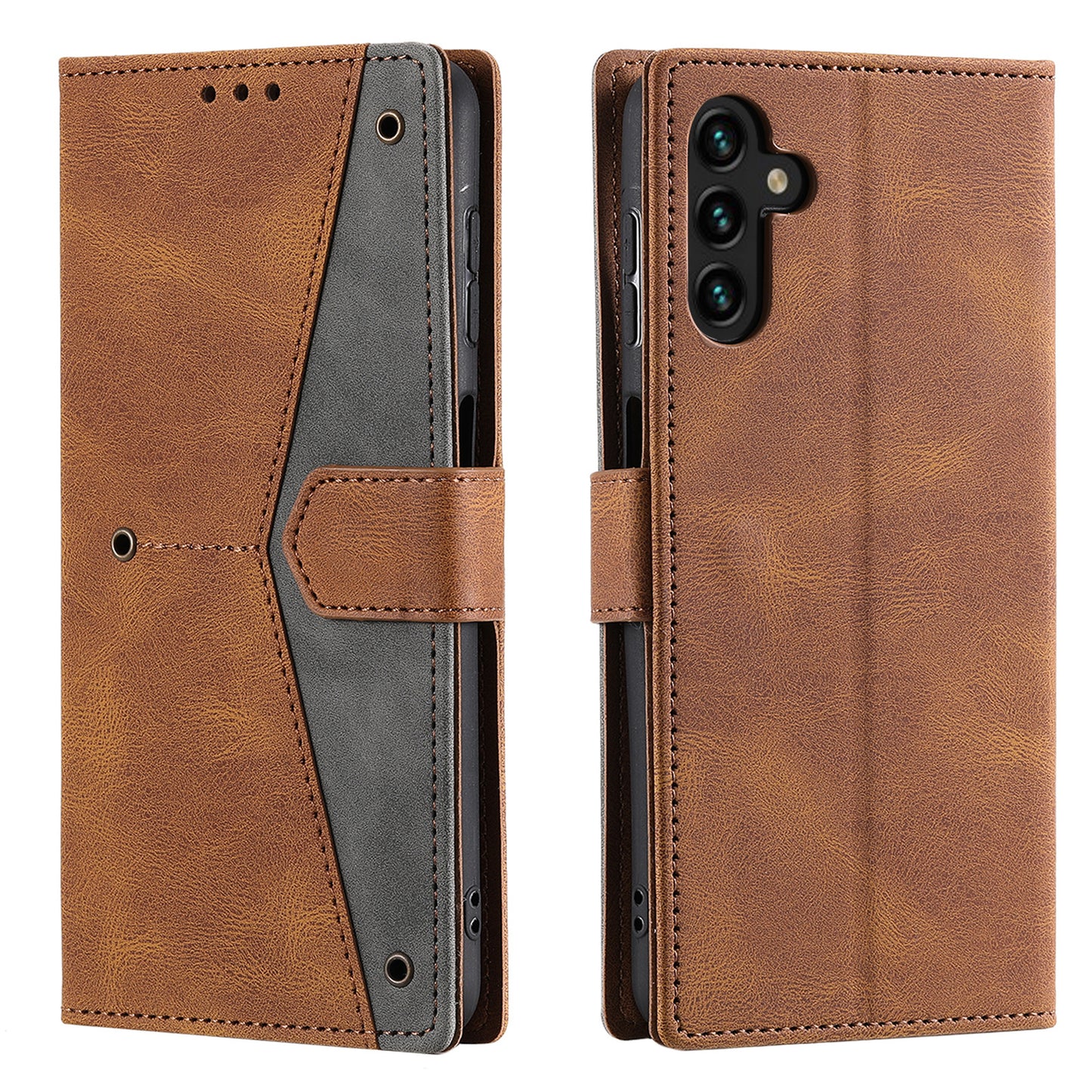 For Samsung Galaxy A16 5G / A16 4G Leather Case Splicing Stitching Wallet Stand Phone Cover with Strap - Brown