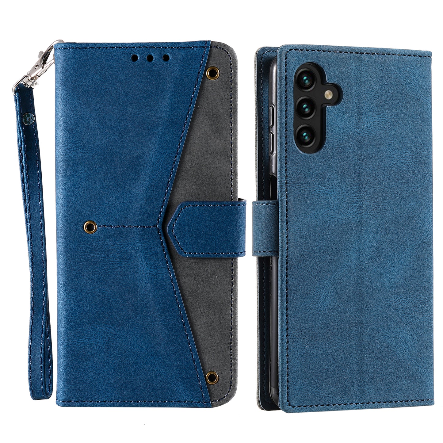 For Samsung Galaxy A16 5G / A16 4G Leather Case Splicing Stitching Wallet Stand Phone Cover with Strap - Blue