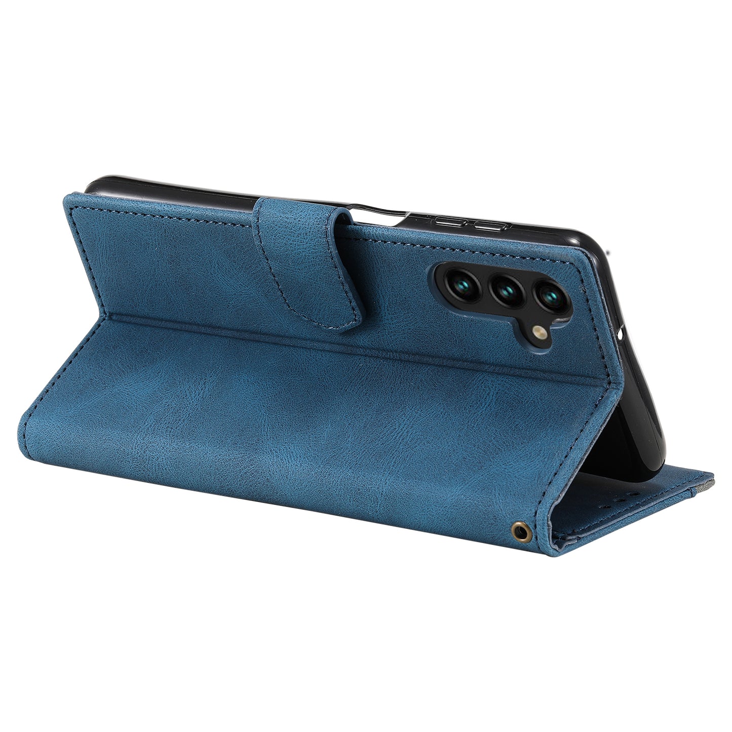 For Samsung Galaxy A16 5G / A16 4G Leather Case Splicing Stitching Wallet Stand Phone Cover with Strap - Blue