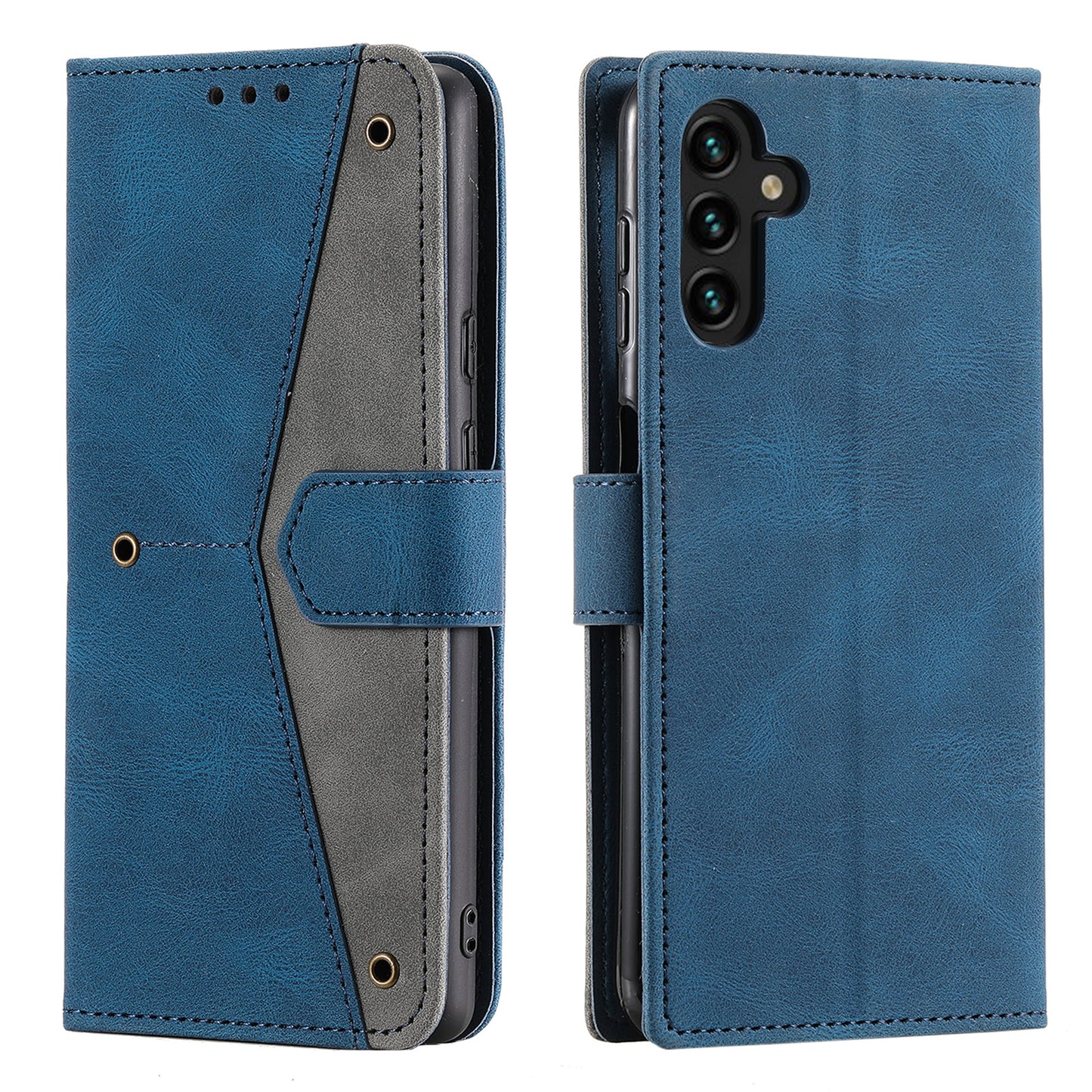 For Samsung Galaxy A16 5G / A16 4G Leather Case Splicing Stitching Wallet Stand Phone Cover with Strap - Blue