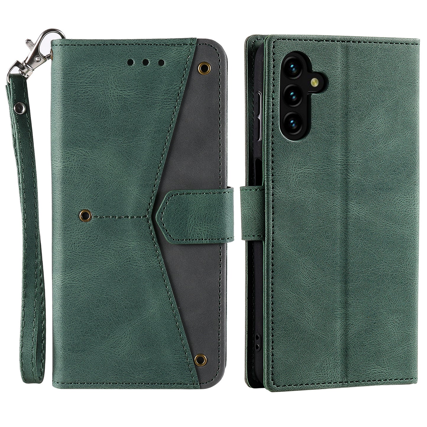 For Samsung Galaxy A16 5G / A16 4G Leather Case Splicing Stitching Wallet Stand Phone Cover with Strap - Green