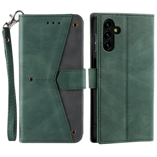 For Samsung Galaxy A16 5G / A16 4G Leather Case Splicing Stitching Wallet Stand Phone Cover with Strap - Green