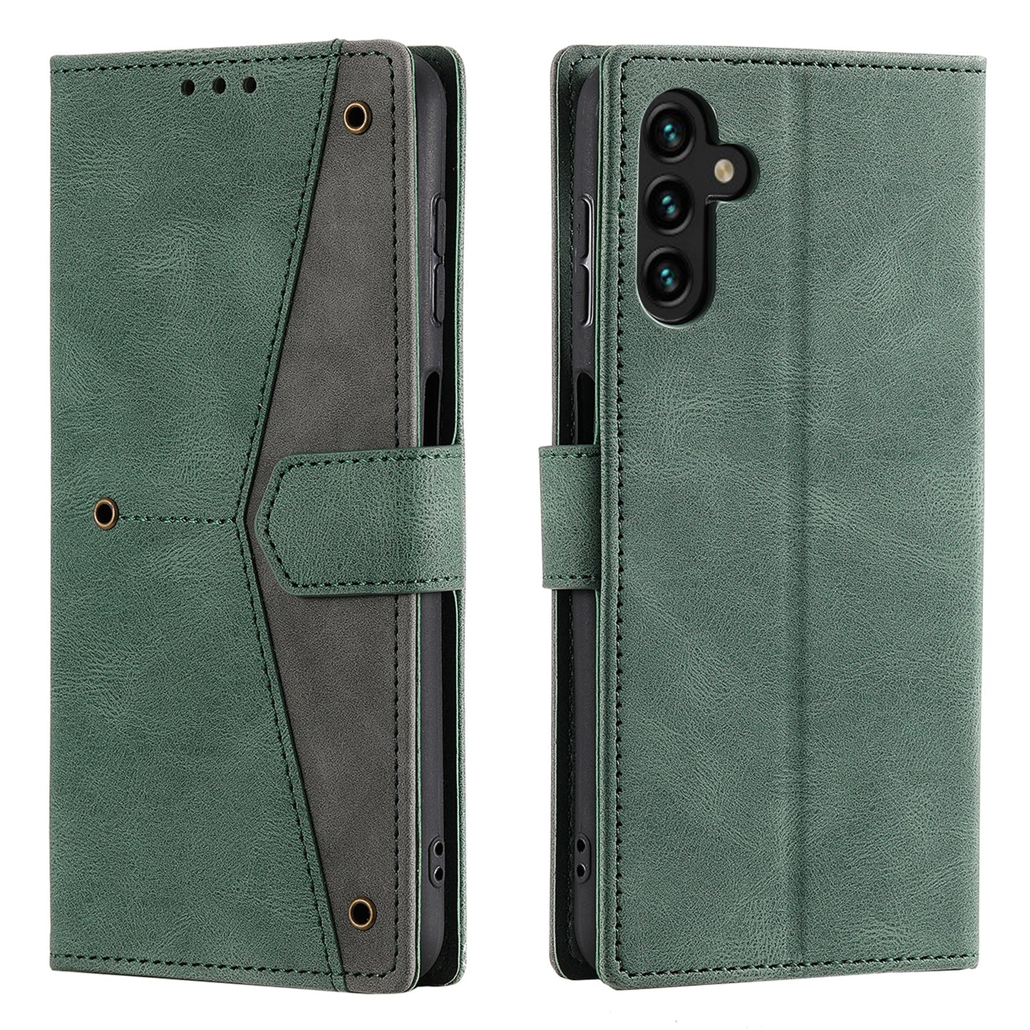 For Samsung Galaxy A16 5G / A16 4G Leather Case Splicing Stitching Wallet Stand Phone Cover with Strap - Green