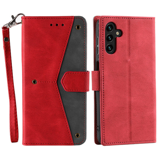 For Samsung Galaxy A16 5G / A16 4G Leather Case Splicing Stitching Wallet Stand Phone Cover with Strap - Red