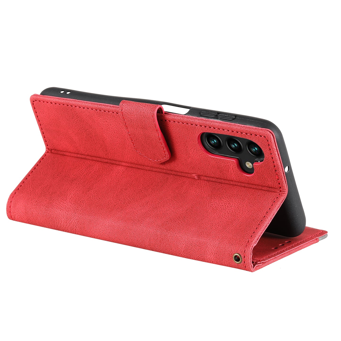 For Samsung Galaxy A16 5G / A16 4G Leather Case Splicing Stitching Wallet Stand Phone Cover with Strap - Red