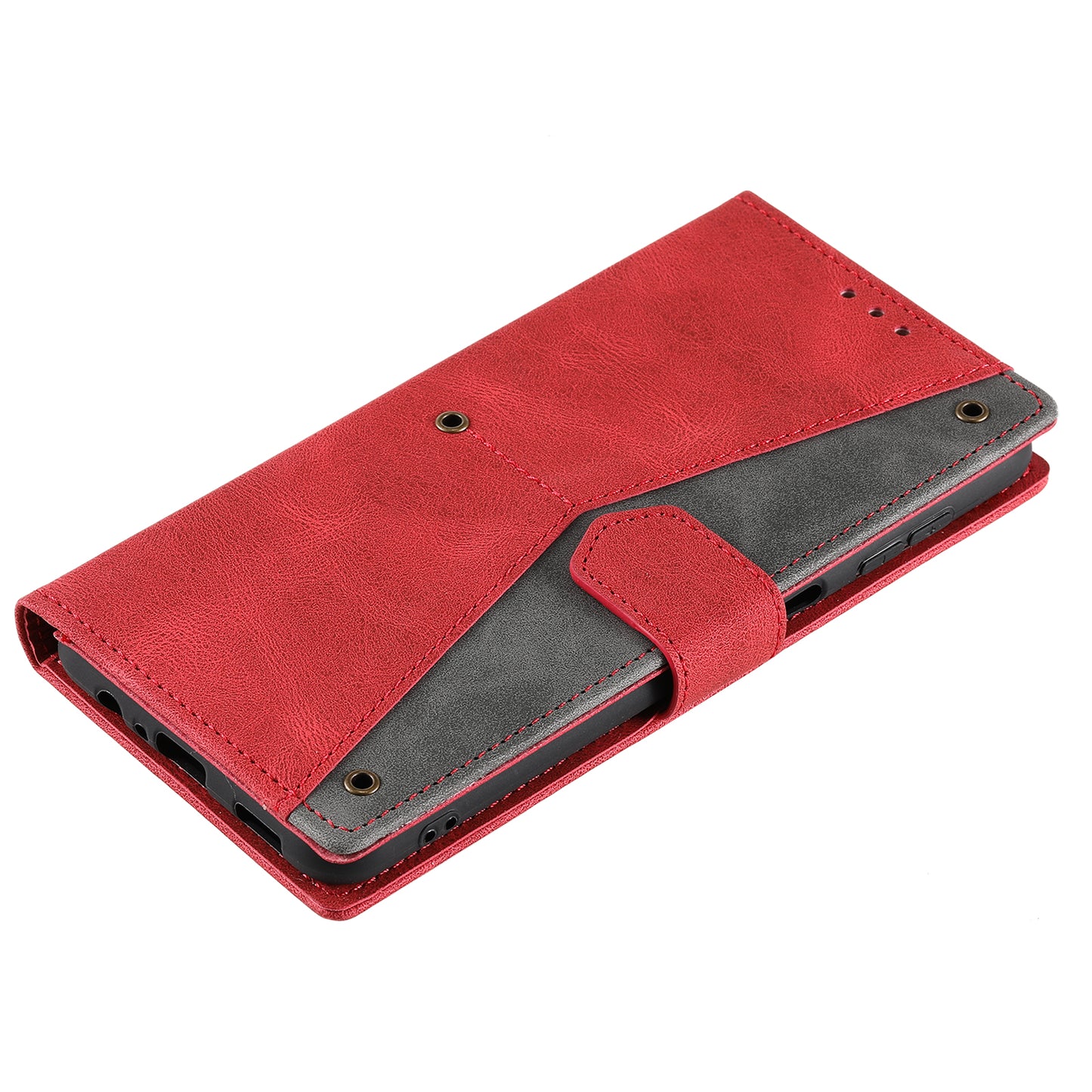 For Samsung Galaxy A16 5G / A16 4G Leather Case Splicing Stitching Wallet Stand Phone Cover with Strap - Red