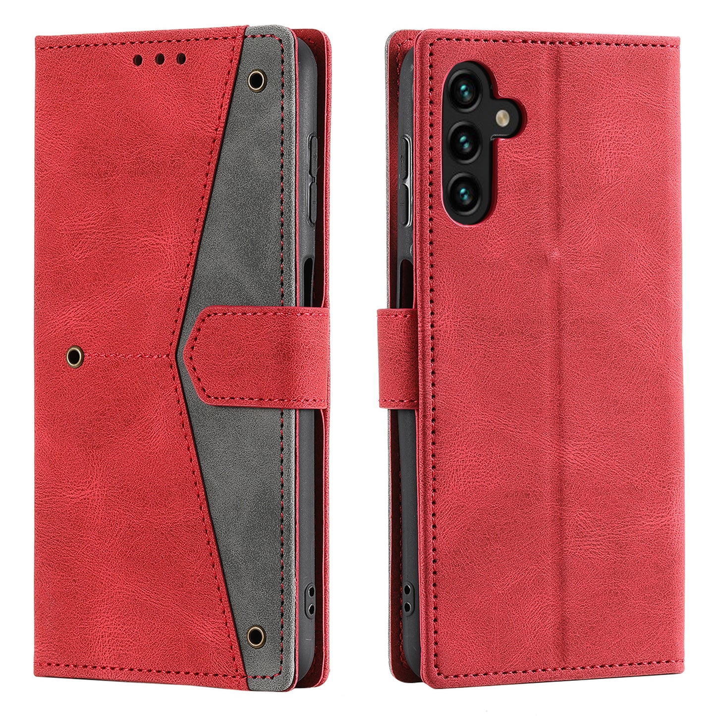 For Samsung Galaxy A16 5G / A16 4G Leather Case Splicing Stitching Wallet Stand Phone Cover with Strap - Red