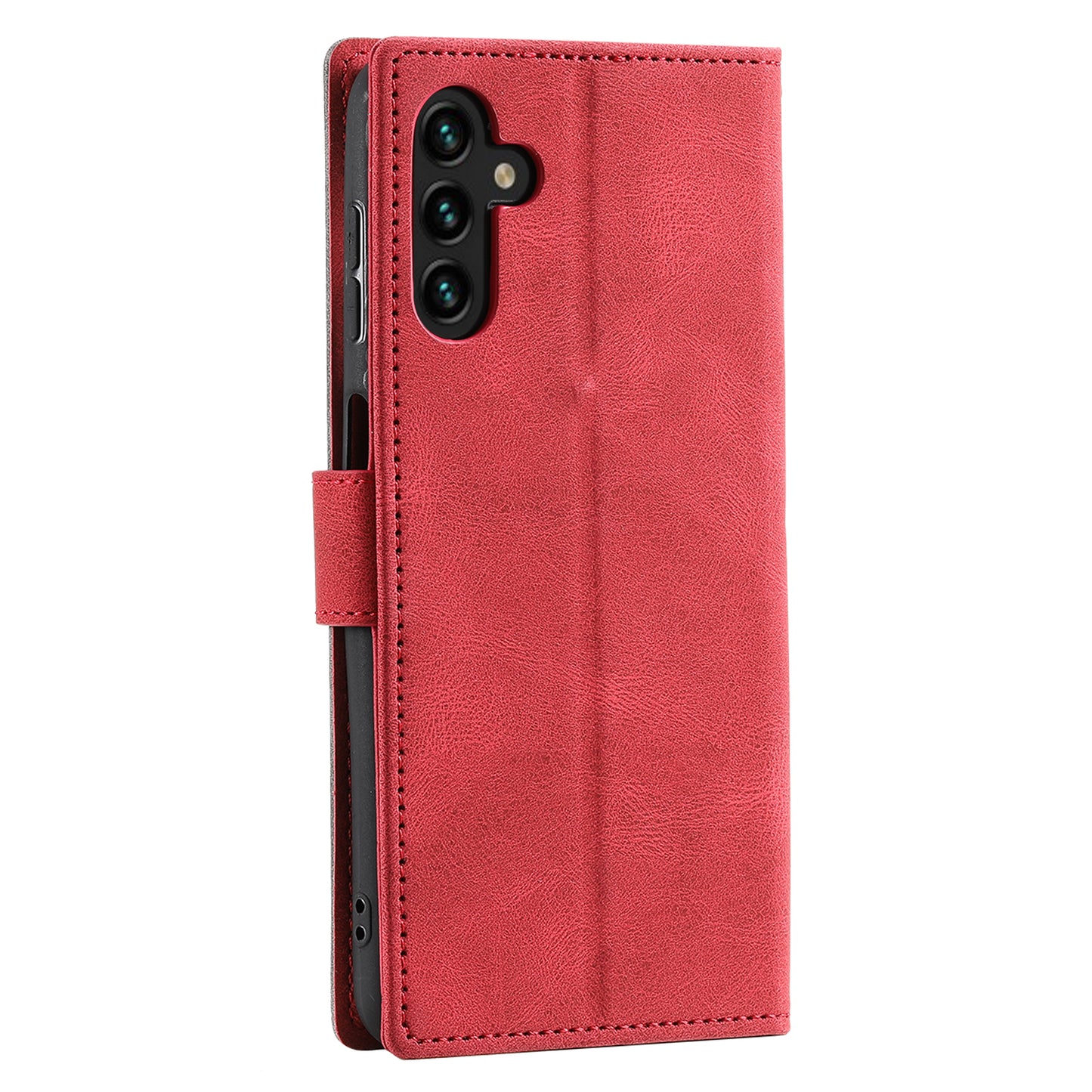 For Samsung Galaxy A16 5G / A16 4G Leather Case Splicing Stitching Wallet Stand Phone Cover with Strap - Red