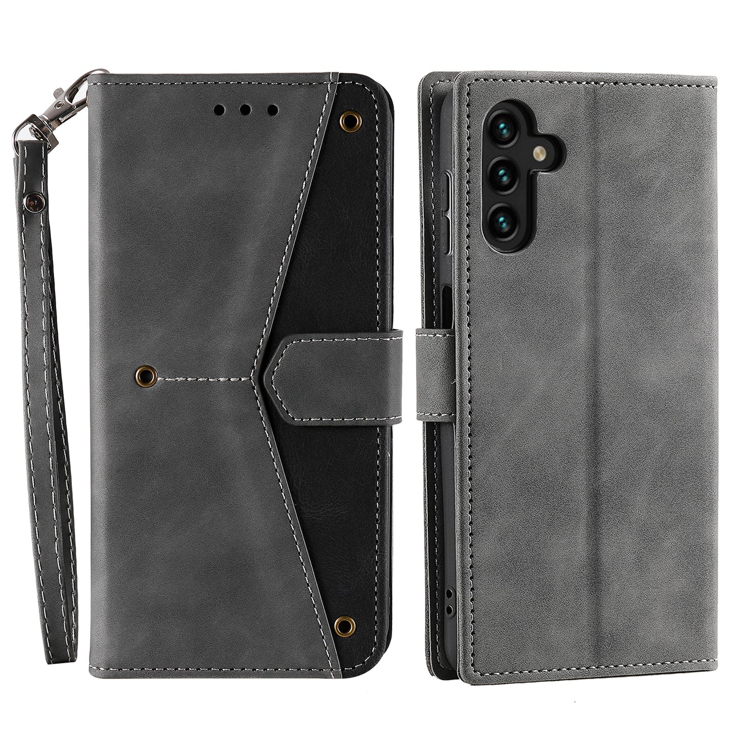 For Samsung Galaxy A16 5G / A16 4G Leather Case Splicing Stitching Wallet Stand Phone Cover with Strap - Grey