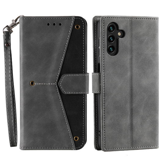 For Samsung Galaxy A16 5G / A16 4G Leather Case Splicing Stitching Wallet Stand Phone Cover with Strap - Grey