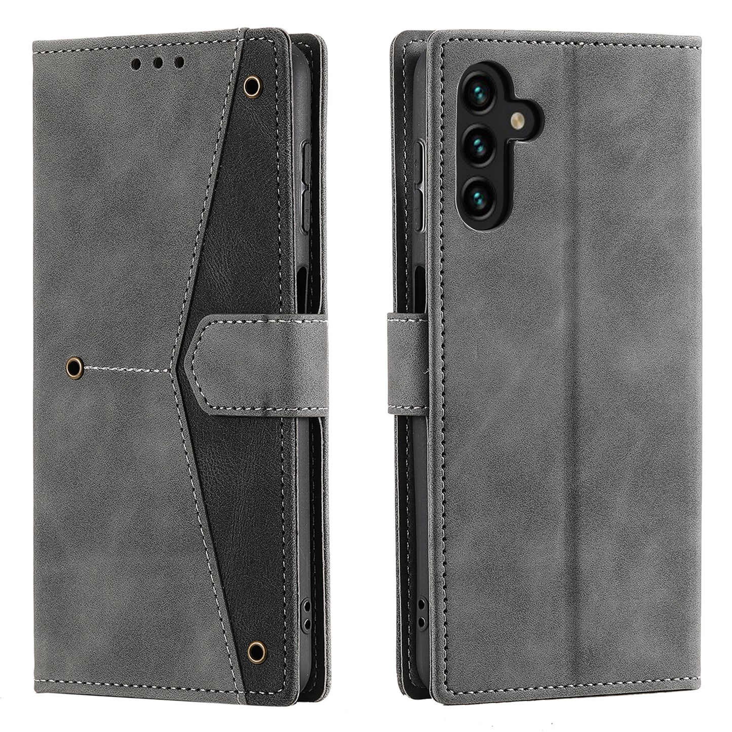 For Samsung Galaxy A16 5G / A16 4G Leather Case Splicing Stitching Wallet Stand Phone Cover with Strap - Grey