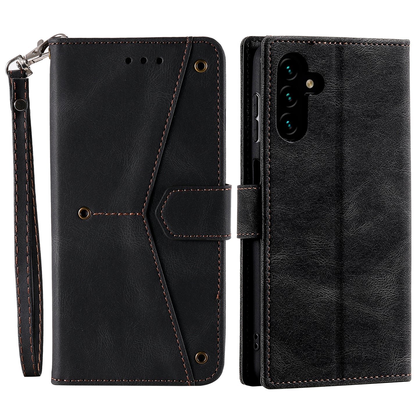 For Samsung Galaxy A16 5G / A16 4G Leather Case Splicing Stitching Wallet Stand Phone Cover with Strap - Black