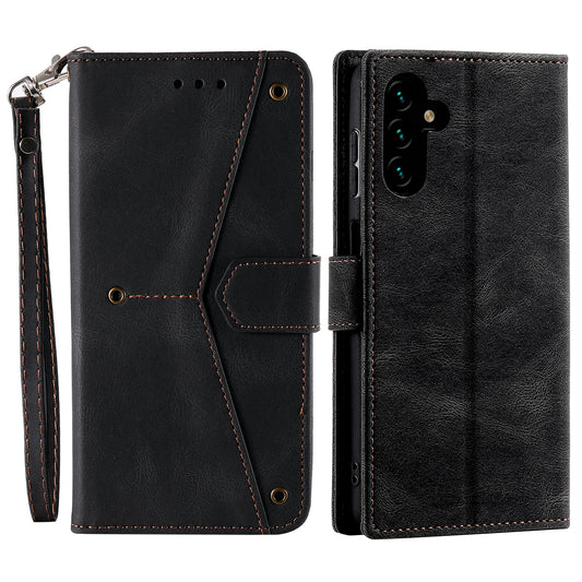 For Samsung Galaxy A16 5G / A16 4G Leather Case Splicing Stitching Wallet Stand Phone Cover with Strap - Black