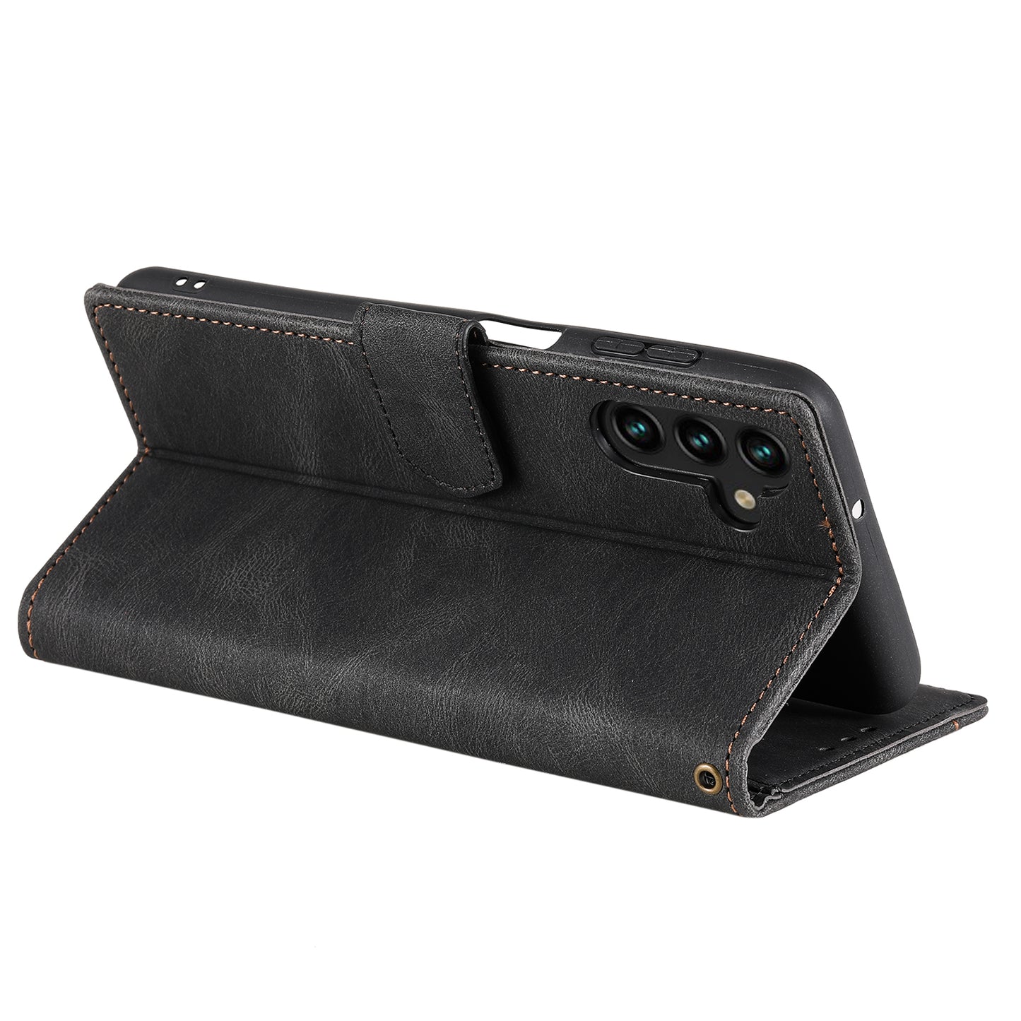 For Samsung Galaxy A16 5G / A16 4G Leather Case Splicing Stitching Wallet Stand Phone Cover with Strap - Black