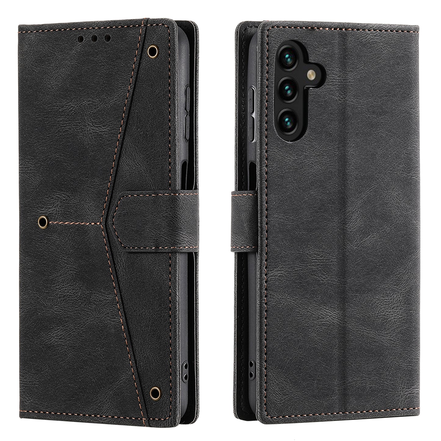 For Samsung Galaxy A16 5G / A16 4G Leather Case Splicing Stitching Wallet Stand Phone Cover with Strap - Black