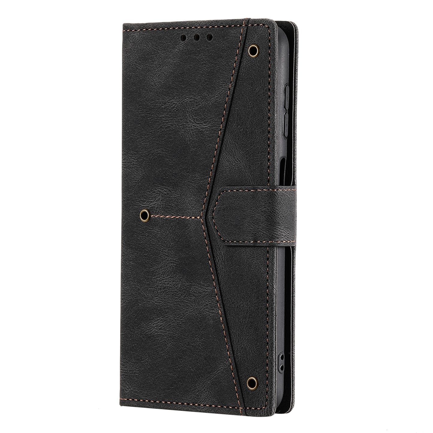 For Samsung Galaxy A16 5G / A16 4G Leather Case Splicing Stitching Wallet Stand Phone Cover with Strap - Black