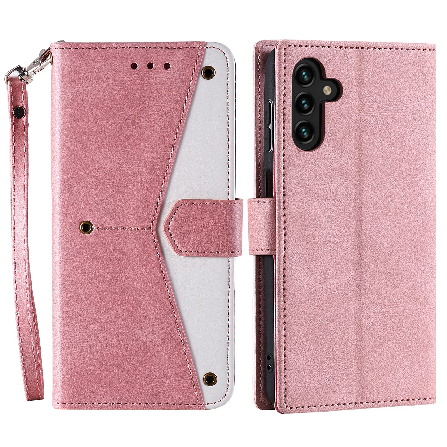 For Samsung Galaxy A16 5G / A16 4G Leather Case Splicing Stitching Wallet Stand Phone Cover with Strap - Pink