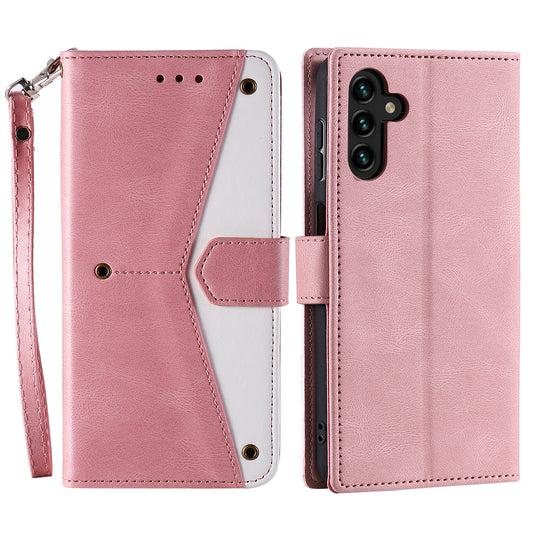 For Samsung Galaxy A16 5G / A16 4G Leather Case Splicing Stitching Wallet Stand Phone Cover with Strap - Pink