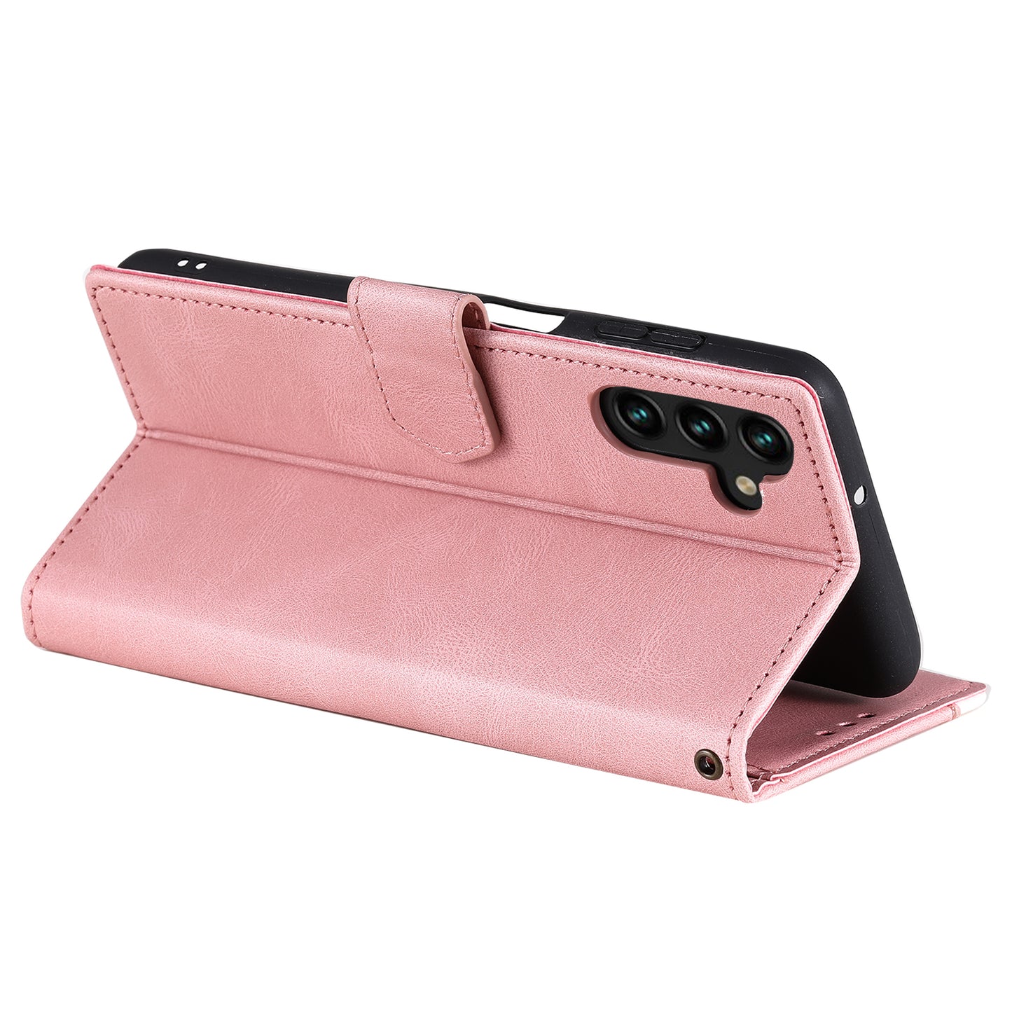For Samsung Galaxy A16 5G / A16 4G Leather Case Splicing Stitching Wallet Stand Phone Cover with Strap - Pink