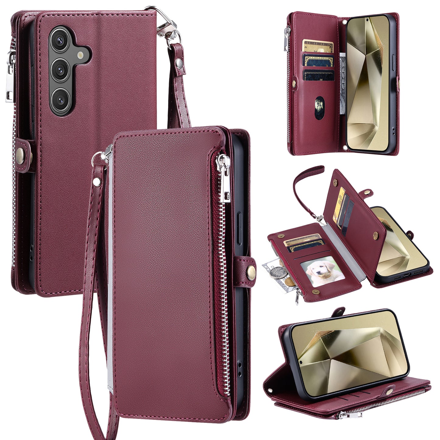 015 Style For Samsung Galaxy A16 5G / A16 4G Case TPU+PU Leather Wallet Phone Cover with Straps - Wine Red