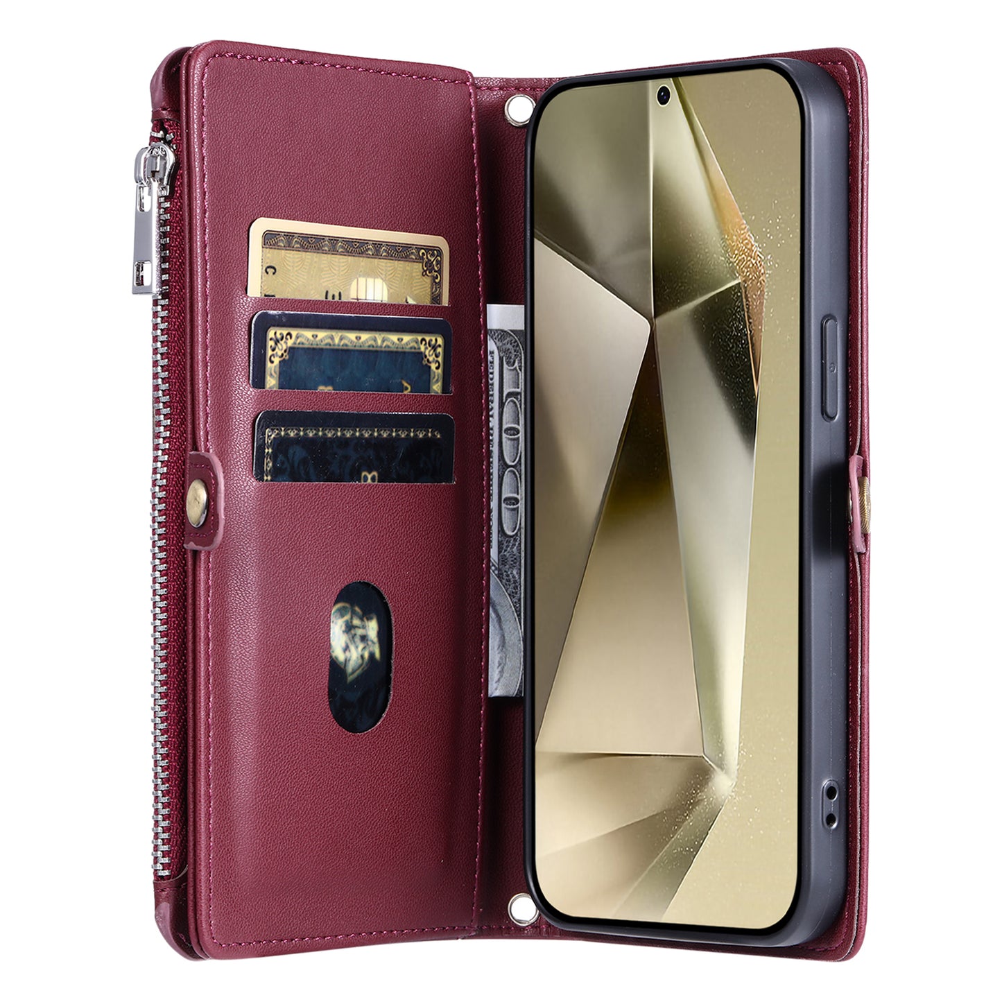 015 Style For Samsung Galaxy A16 5G / A16 4G Case TPU+PU Leather Wallet Phone Cover with Straps - Wine Red