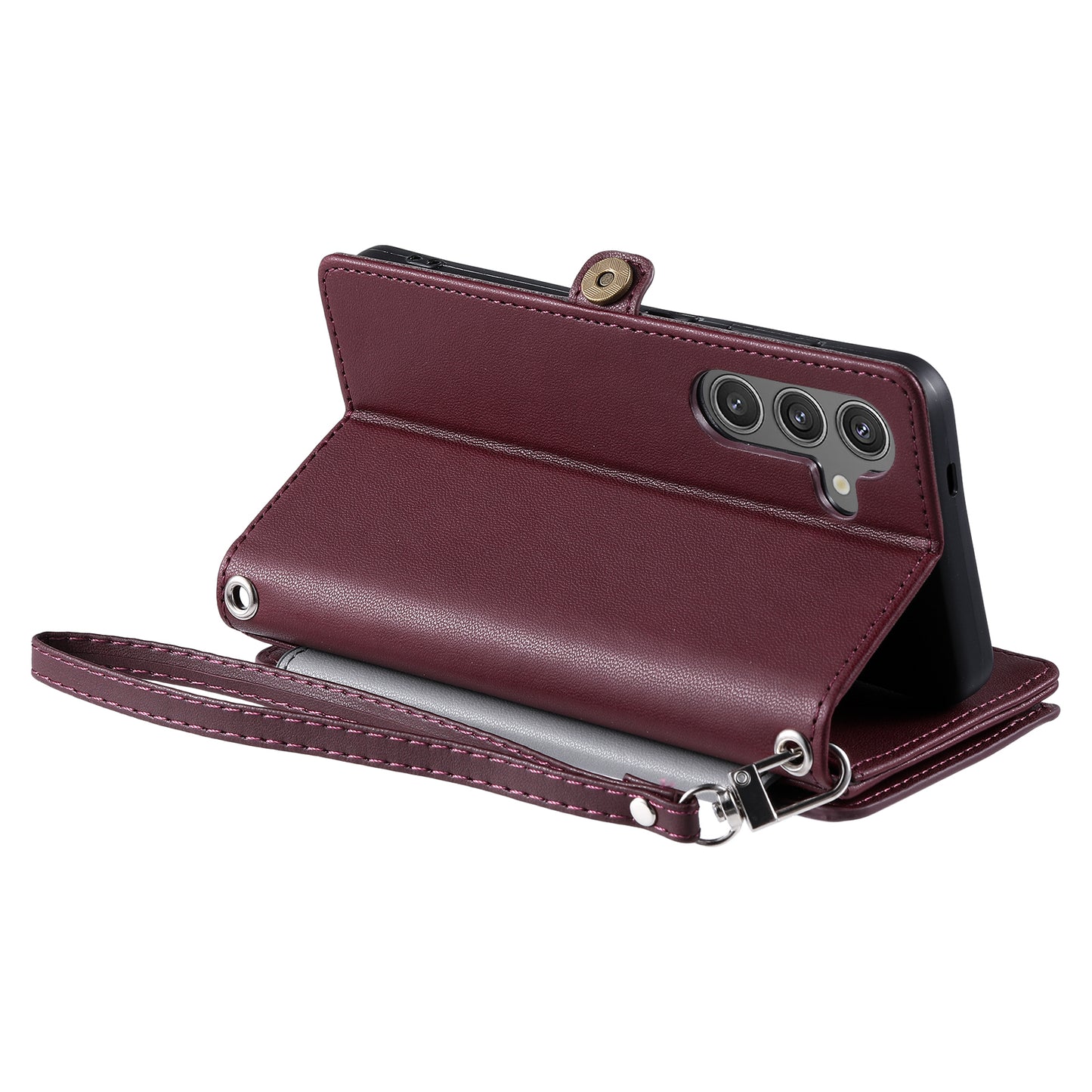 015 Style For Samsung Galaxy A16 5G / A16 4G Case TPU+PU Leather Wallet Phone Cover with Straps - Wine Red