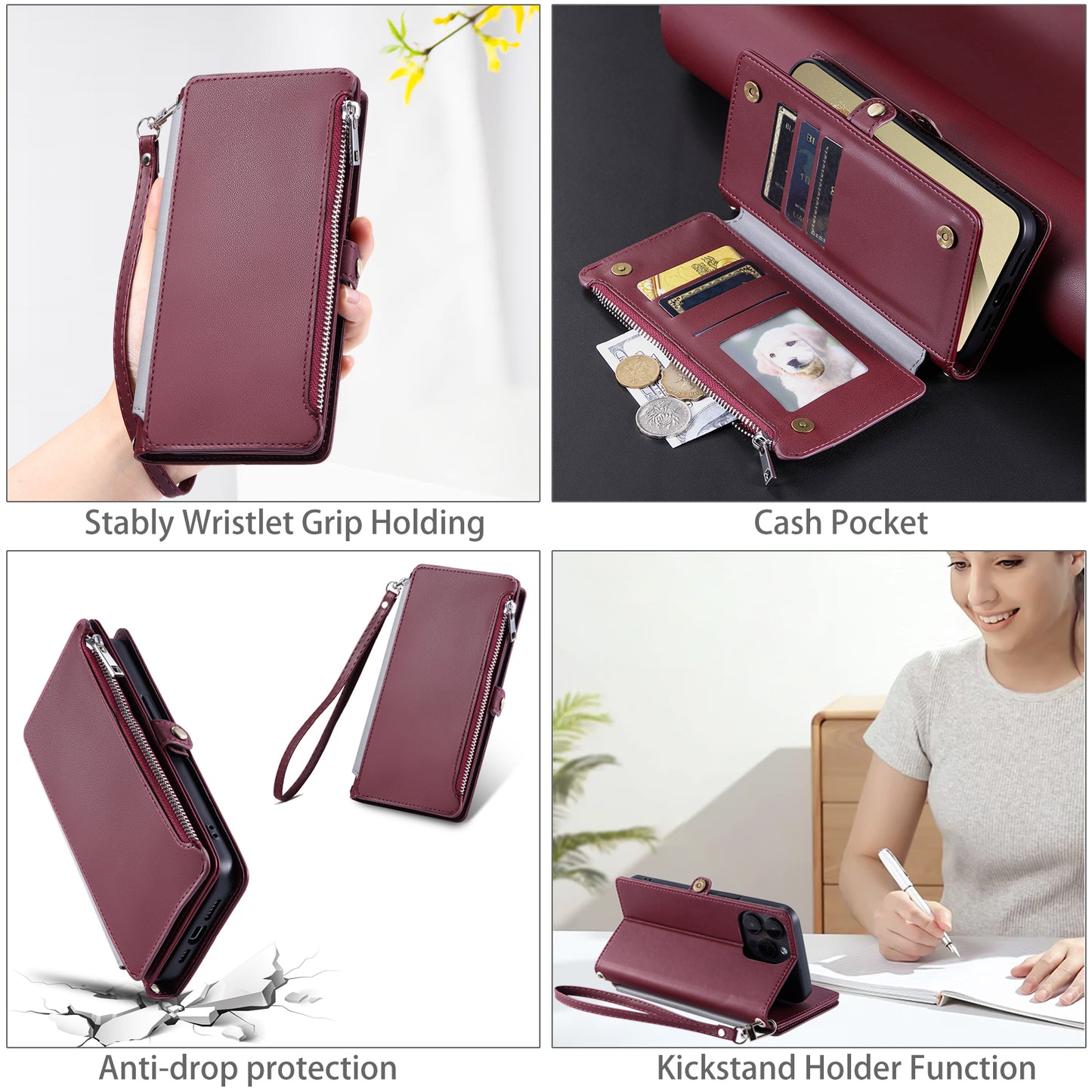 015 Style For Samsung Galaxy A16 5G / A16 4G Case TPU+PU Leather Wallet Phone Cover with Straps - Wine Red