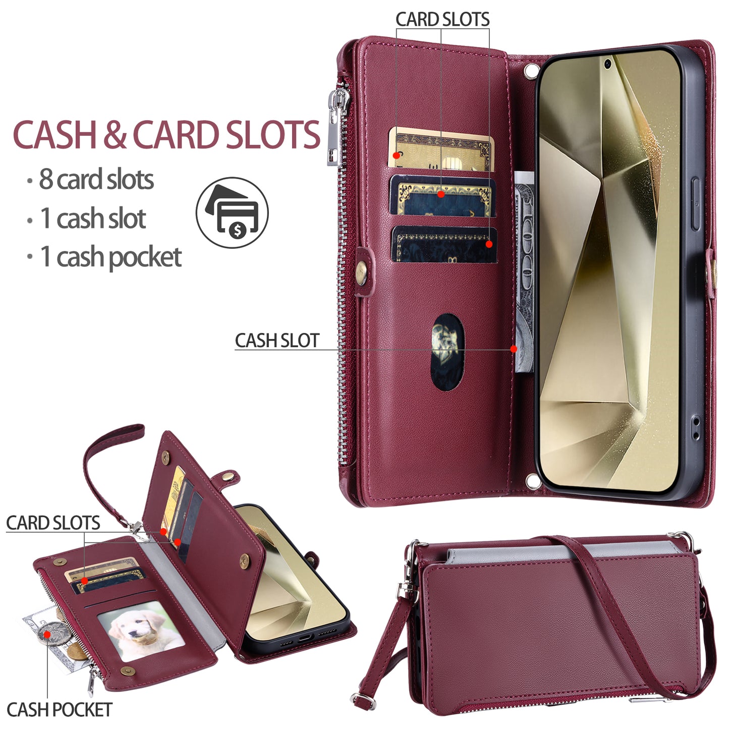 015 Style For Samsung Galaxy A16 5G / A16 4G Case TPU+PU Leather Wallet Phone Cover with Straps - Wine Red