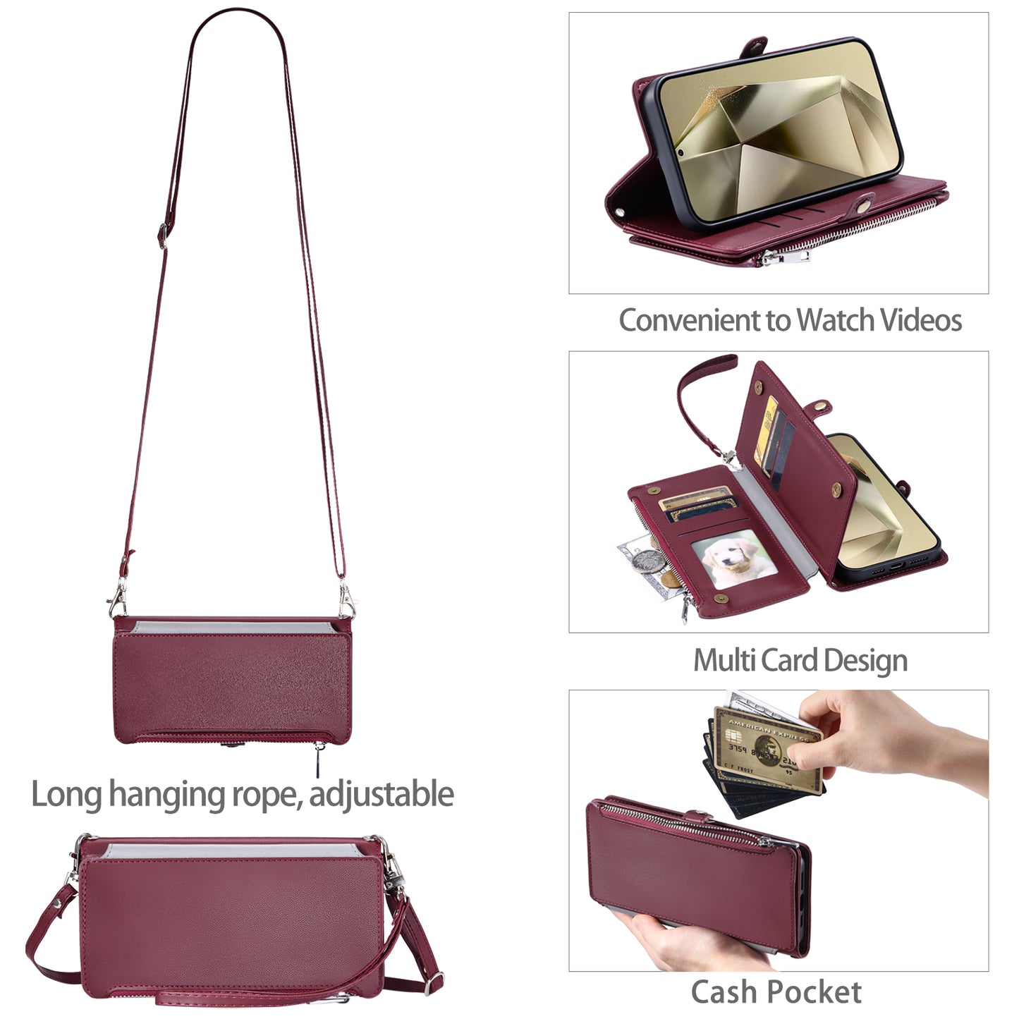 015 Style For Samsung Galaxy A16 5G / A16 4G Case TPU+PU Leather Wallet Phone Cover with Straps - Wine Red