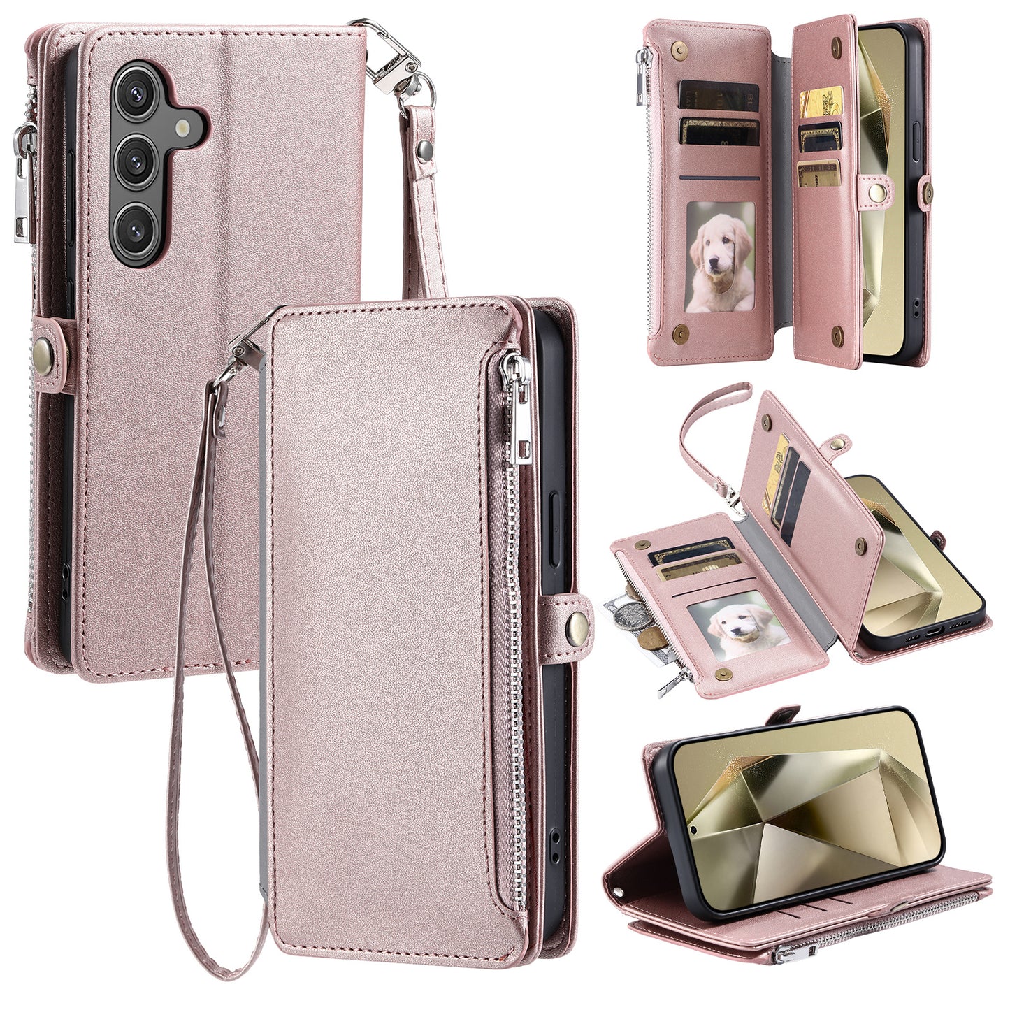 015 Style For Samsung Galaxy A16 5G / A16 4G Case TPU+PU Leather Wallet Phone Cover with Straps - Rose Gold