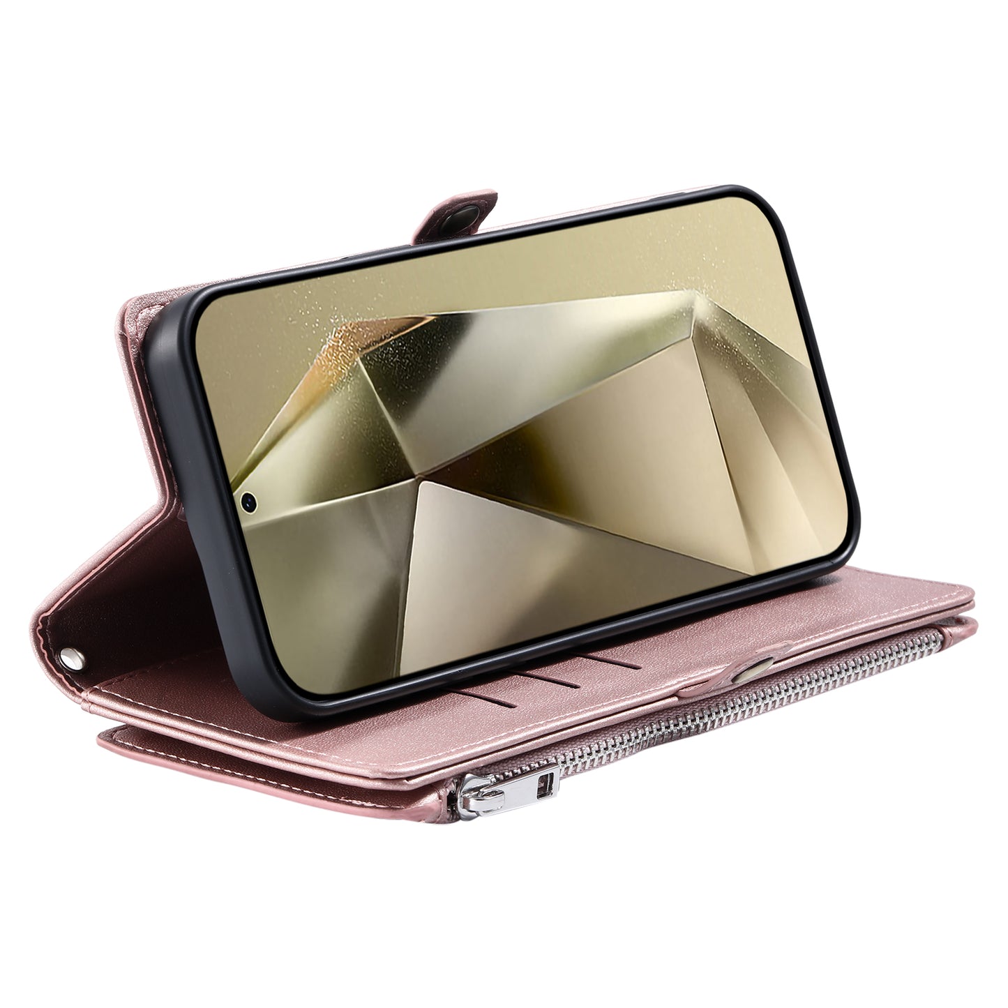 015 Style For Samsung Galaxy A16 5G / A16 4G Case TPU+PU Leather Wallet Phone Cover with Straps - Rose Gold