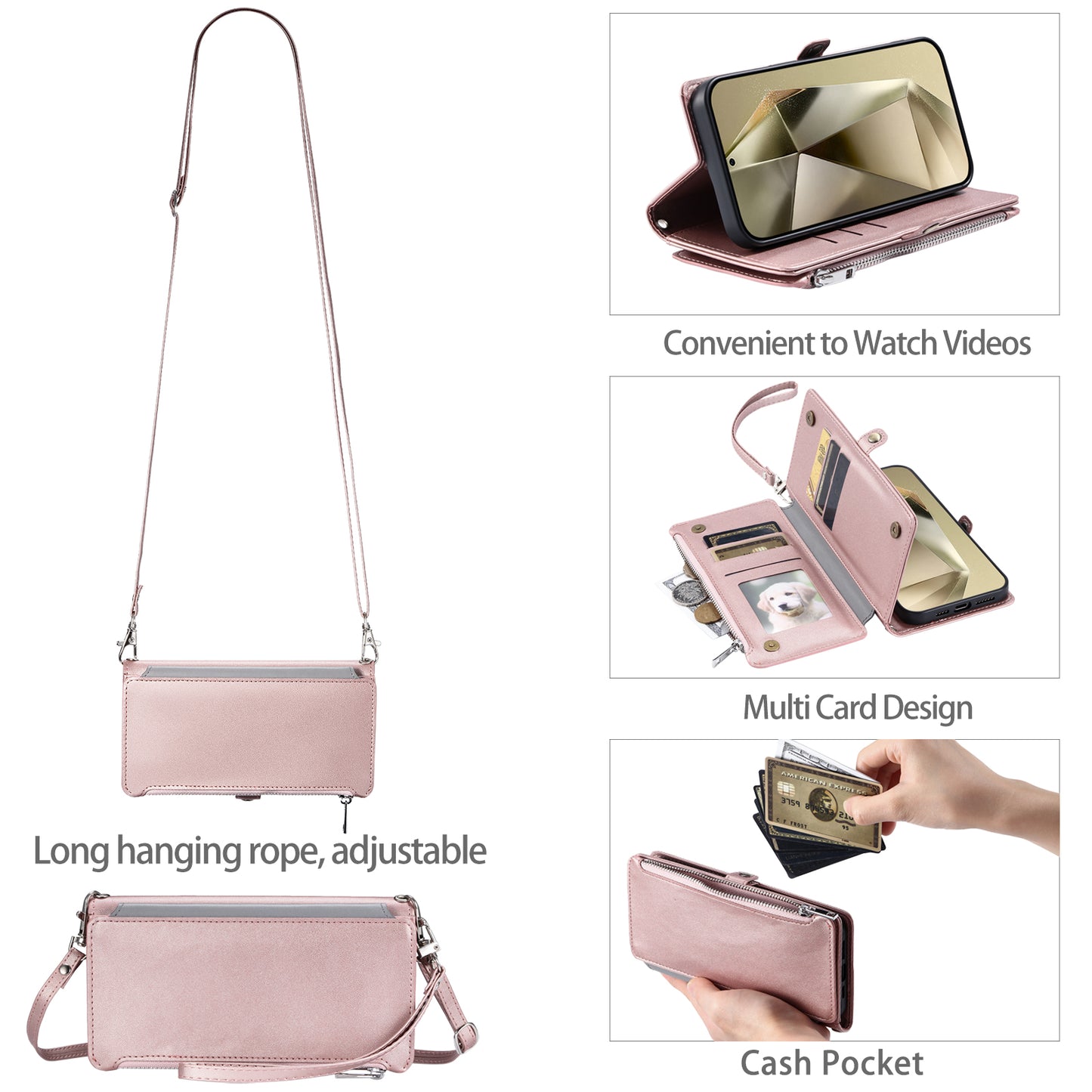 015 Style For Samsung Galaxy A16 5G / A16 4G Case TPU+PU Leather Wallet Phone Cover with Straps - Rose Gold