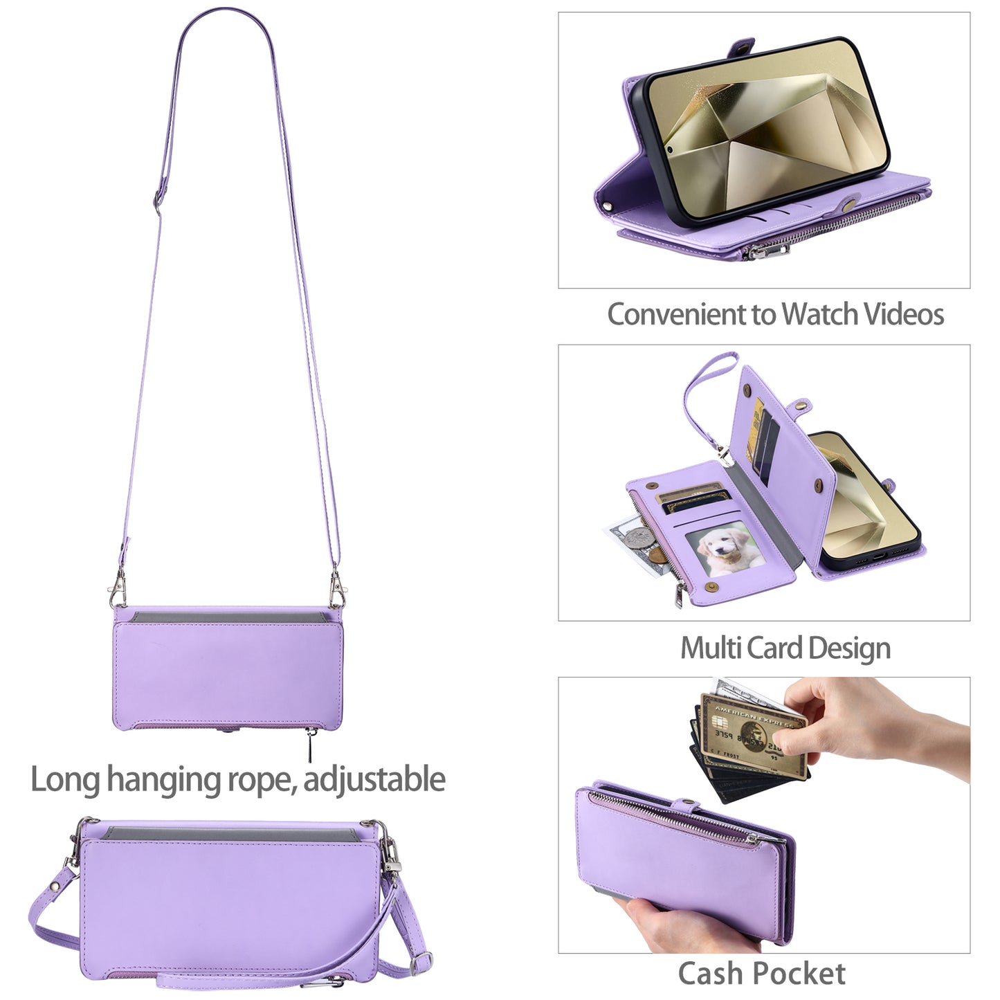015 Style For Samsung Galaxy A16 5G / A16 4G Case TPU+PU Leather Wallet Phone Cover with Straps - Purple
