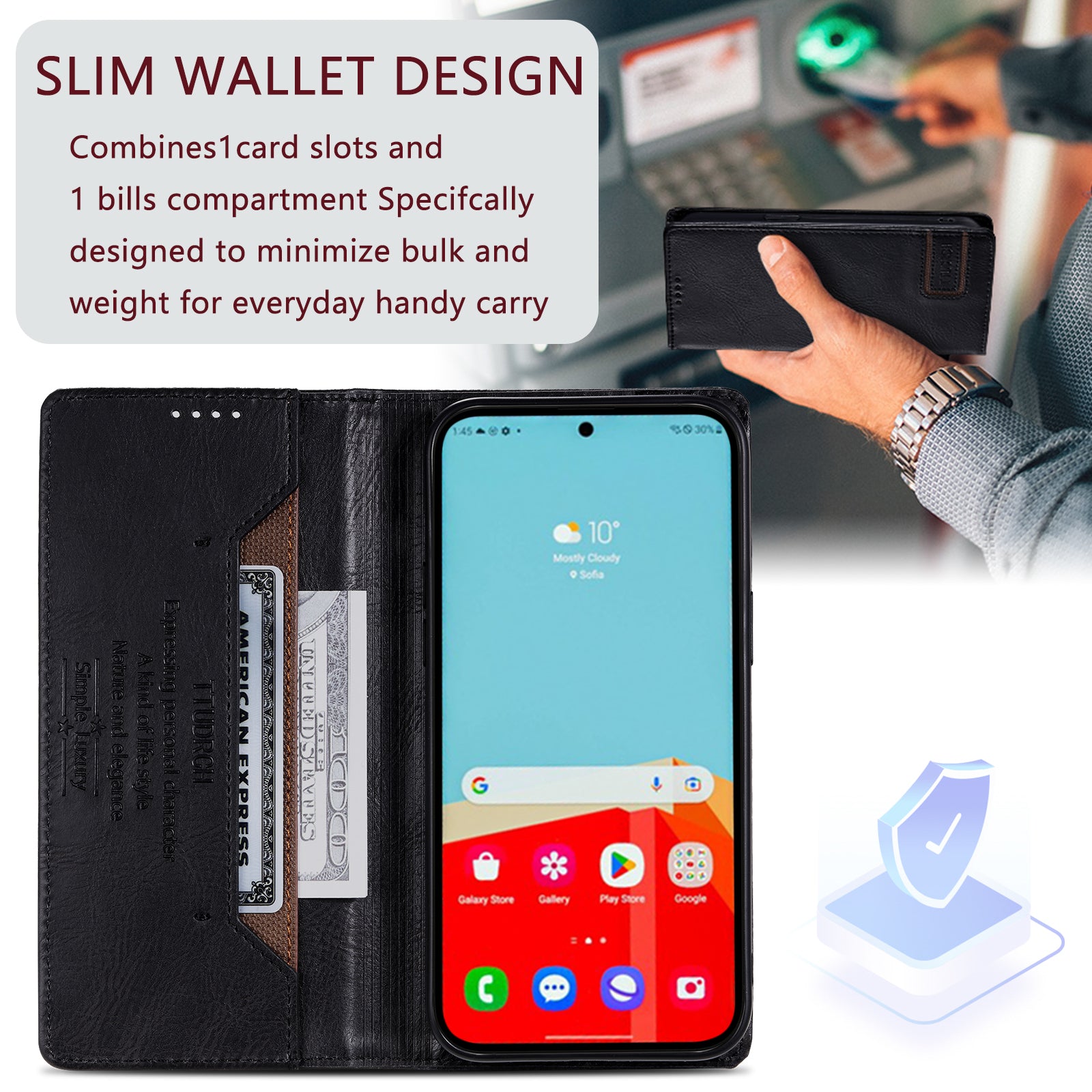 TTUDRCH Style 007 For Samsung Galaxy A16 5G / A16 4G Leather Case RFID Blocking Wallet Stand Phone Cover - Black