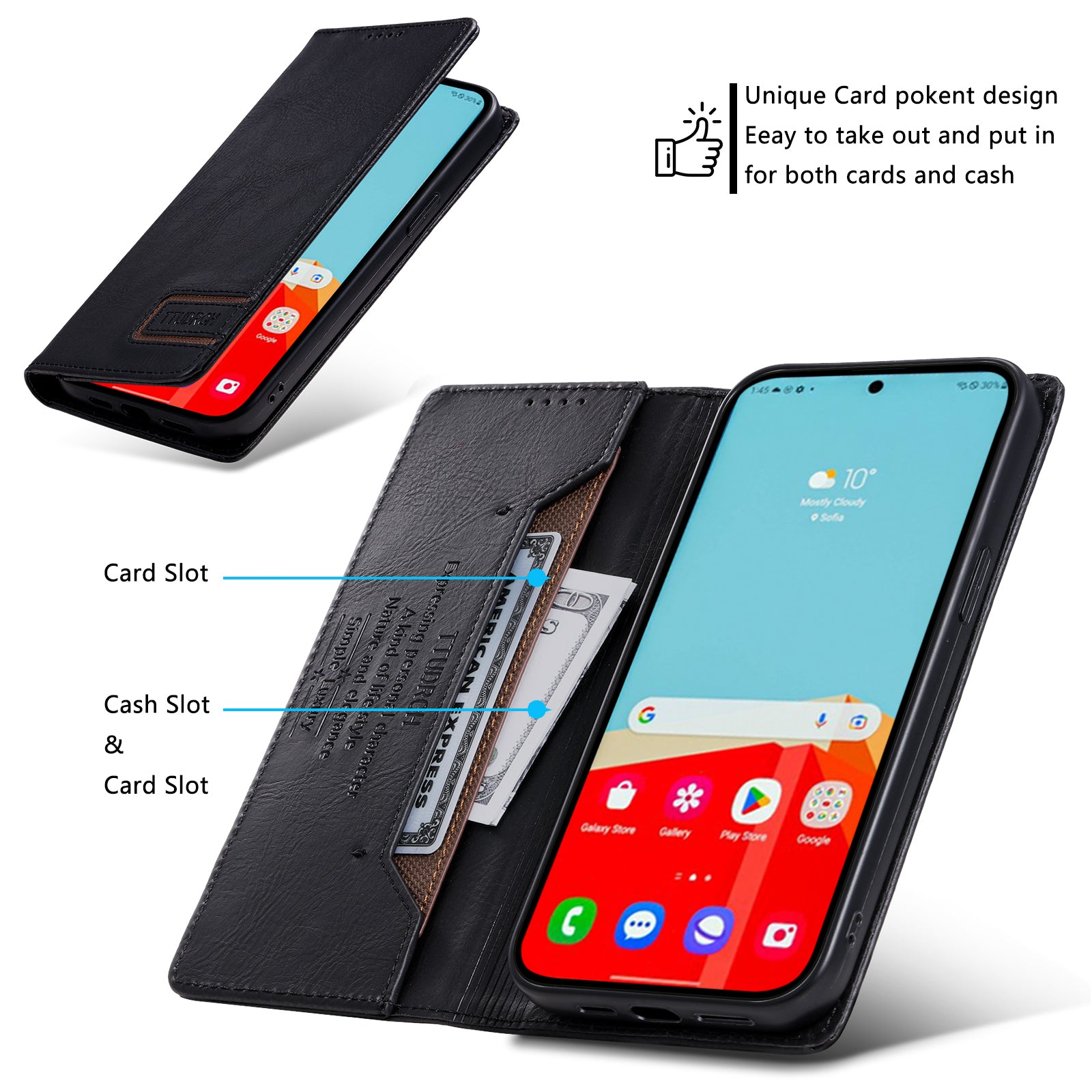 TTUDRCH Style 007 For Samsung Galaxy A16 5G / A16 4G Leather Case RFID Blocking Wallet Stand Phone Cover - Black
