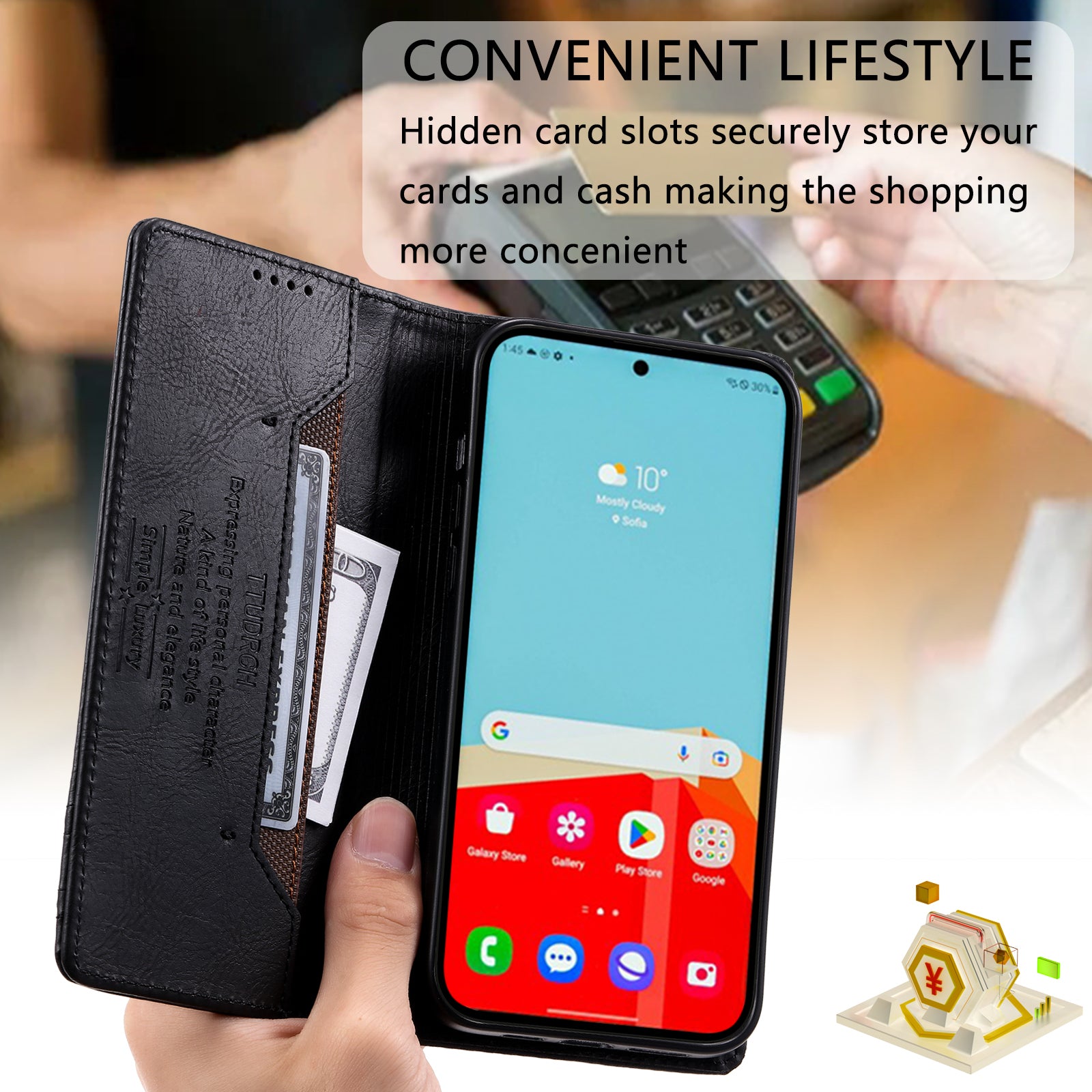 TTUDRCH Style 007 For Samsung Galaxy A16 5G / A16 4G Leather Case RFID Blocking Wallet Stand Phone Cover - Black