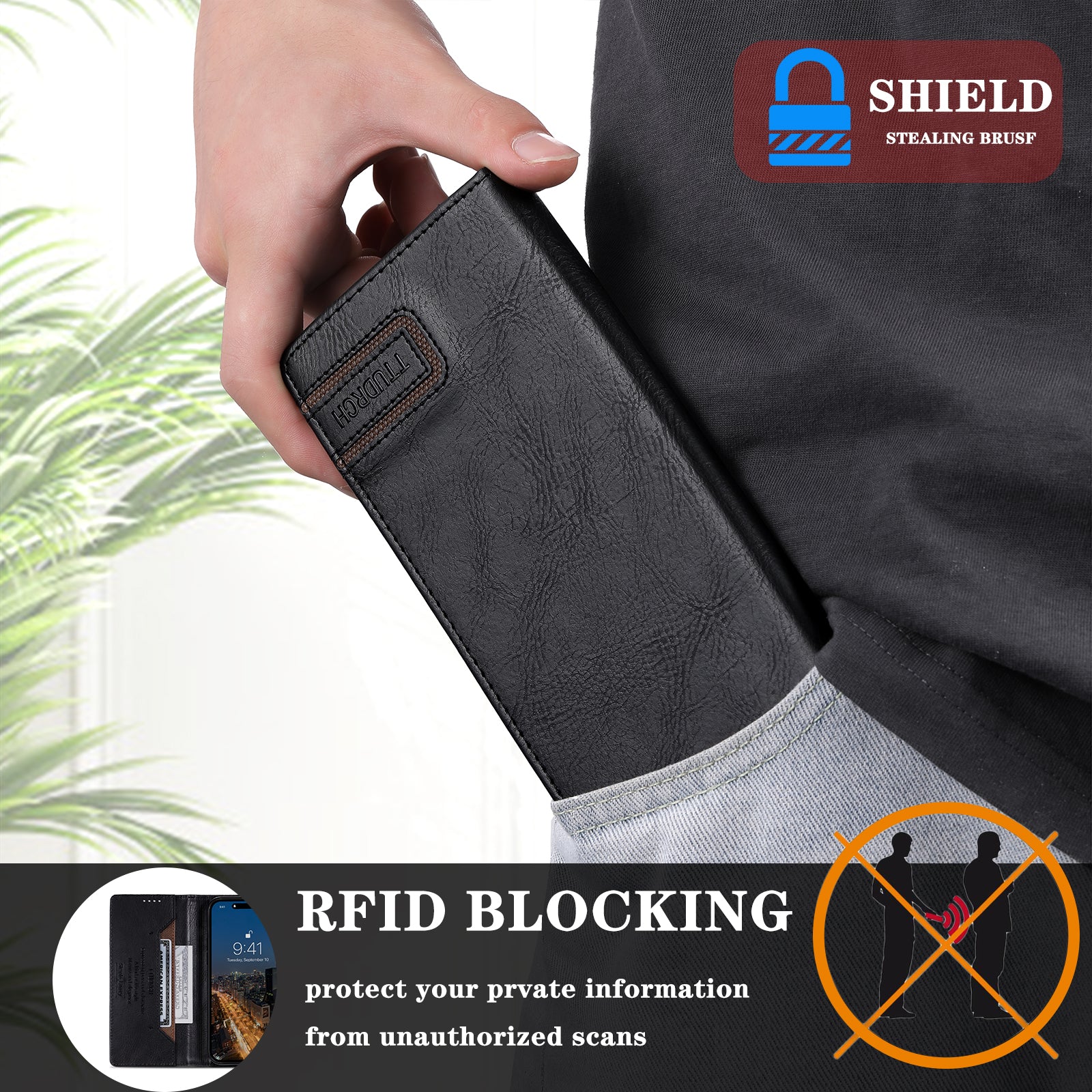 TTUDRCH Style 007 For Samsung Galaxy A16 5G / A16 4G Leather Case RFID Blocking Wallet Stand Phone Cover - Black
