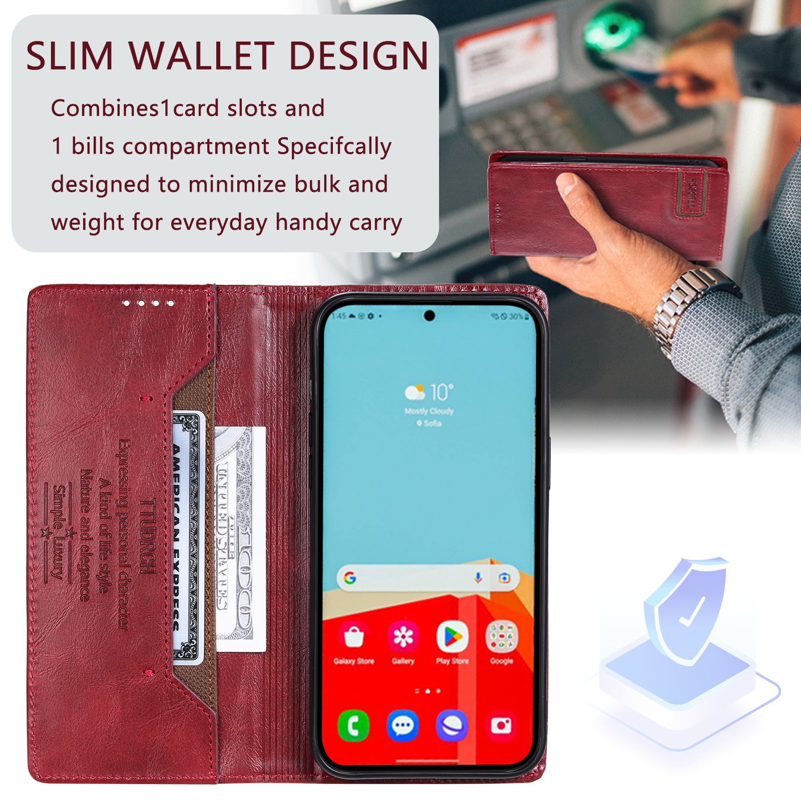 TTUDRCH Style 007 For Samsung Galaxy A16 5G / A16 4G Leather Case RFID Blocking Wallet Stand Phone Cover - Red