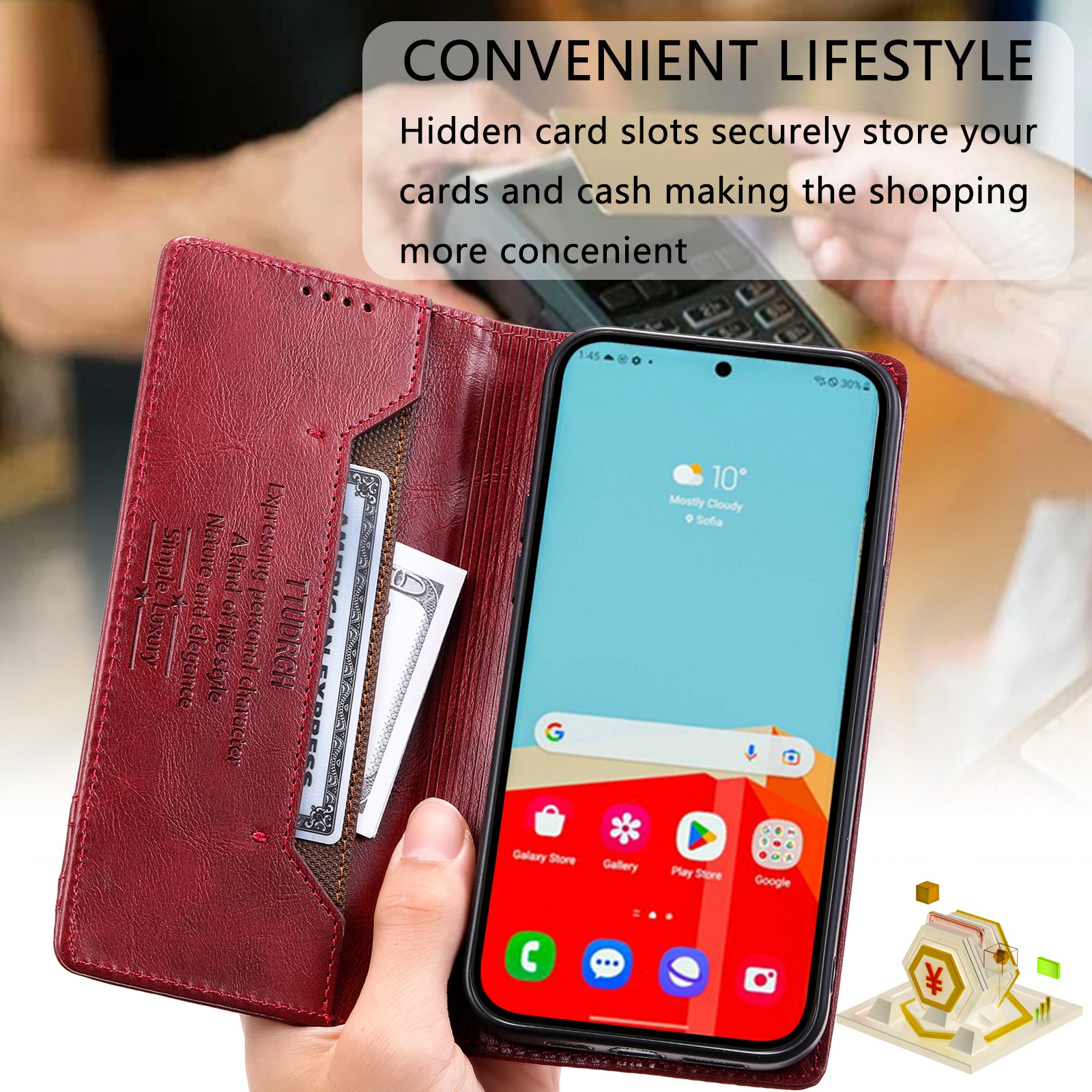 TTUDRCH Style 007 For Samsung Galaxy A16 5G / A16 4G Leather Case RFID Blocking Wallet Stand Phone Cover - Red