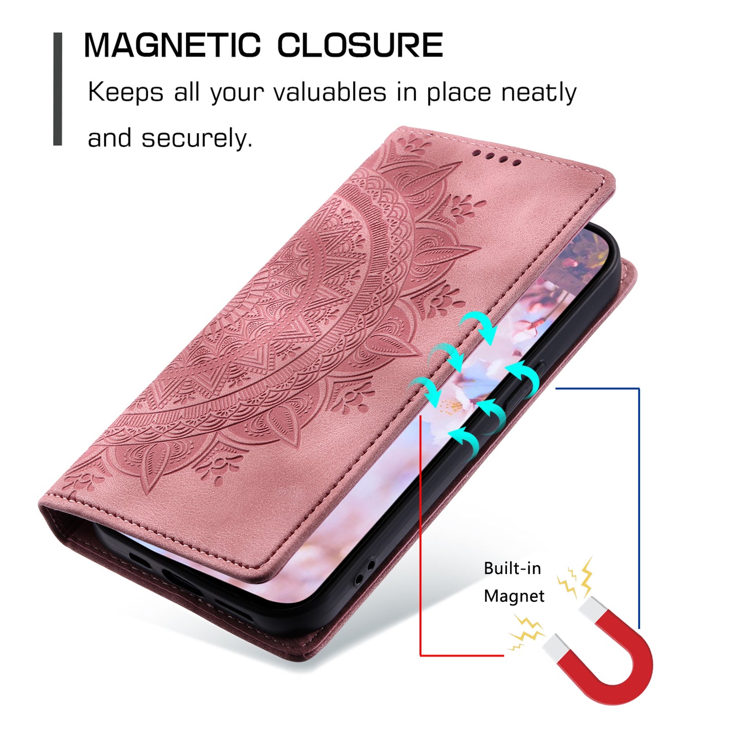 Style 010 For Samsung Galaxy A16 5G / A16 4G Case Mandala Pattern Magnetic Closing Leather Phone Cover - Rose Gold