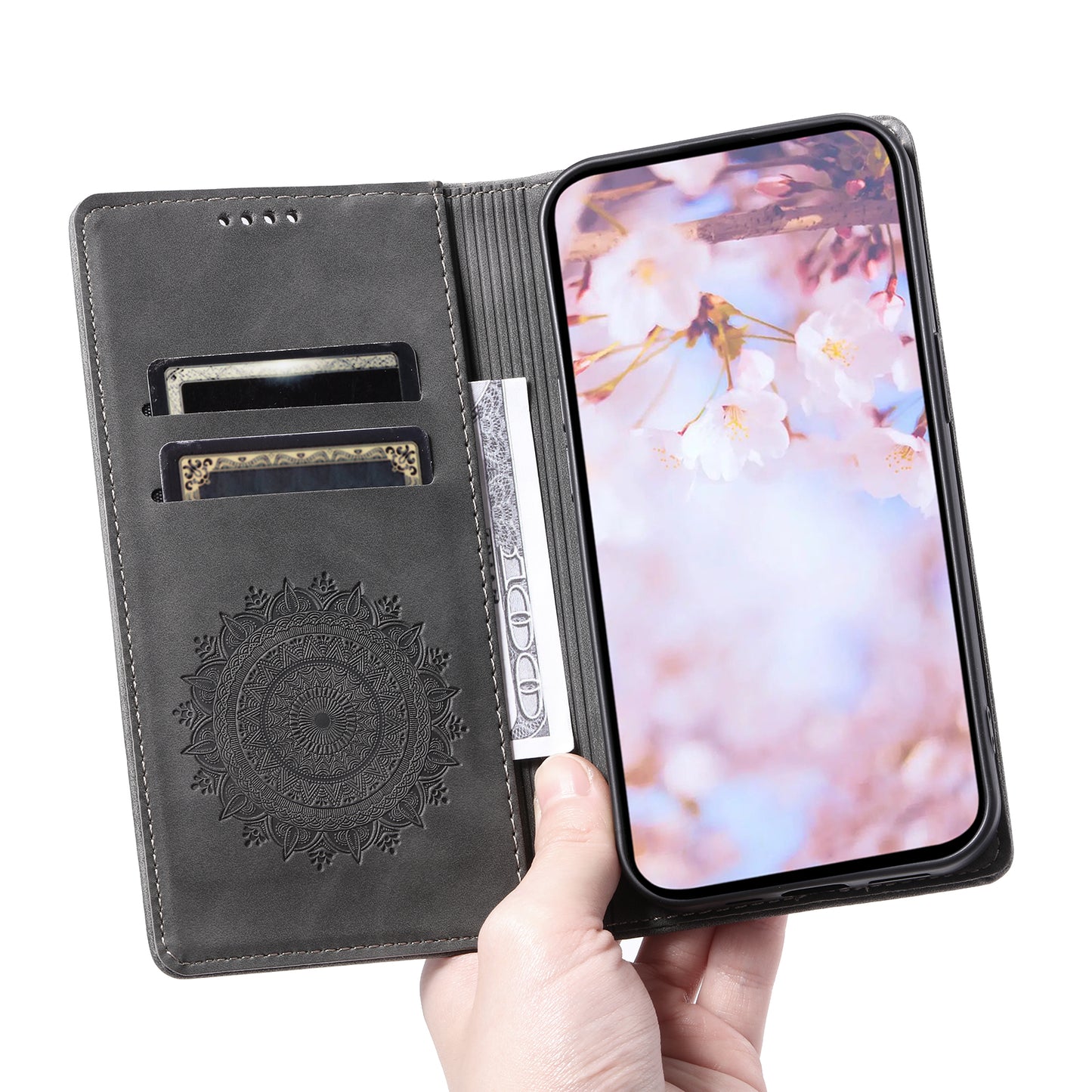 Style 010 For Samsung Galaxy A16 5G / A16 4G Case Mandala Pattern Magnetic Closing Leather Phone Cover - Black