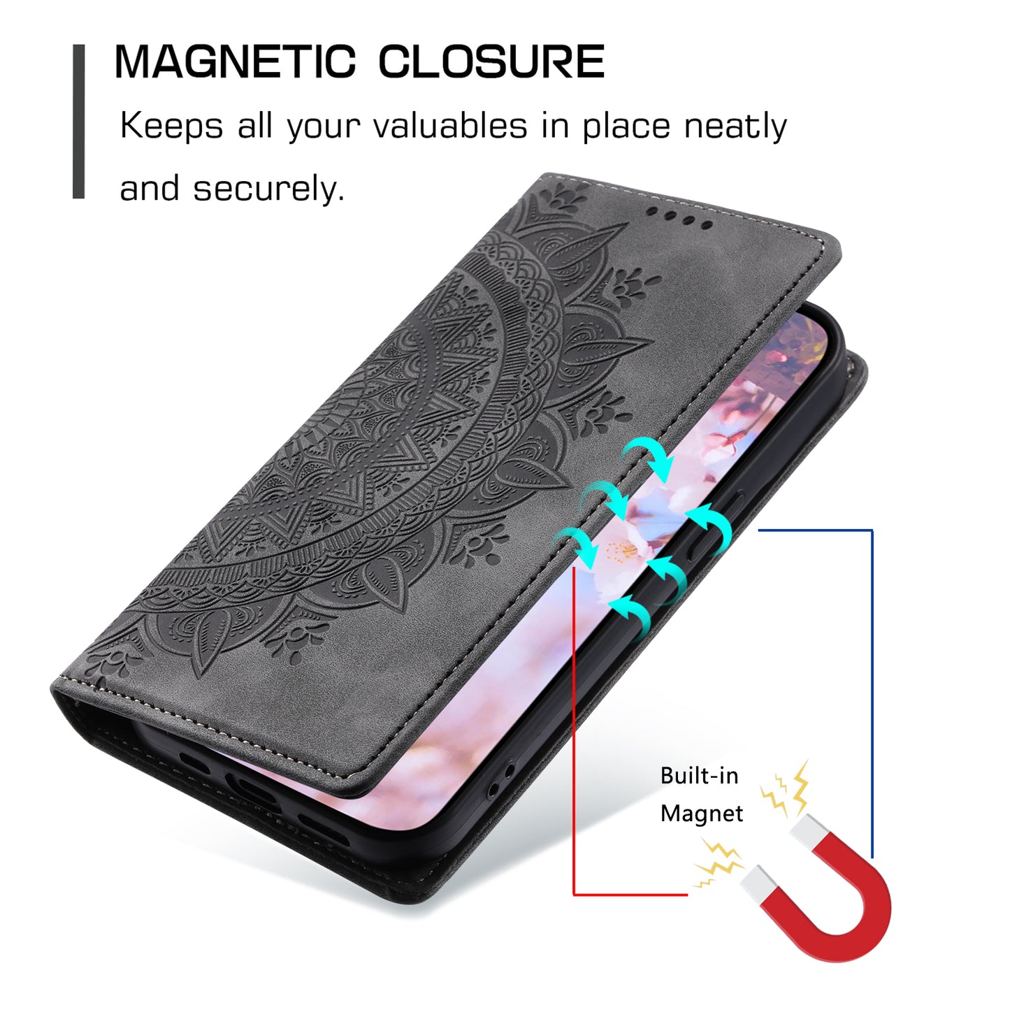 Style 010 For Samsung Galaxy A16 5G / A16 4G Case Mandala Pattern Magnetic Closing Leather Phone Cover - Black