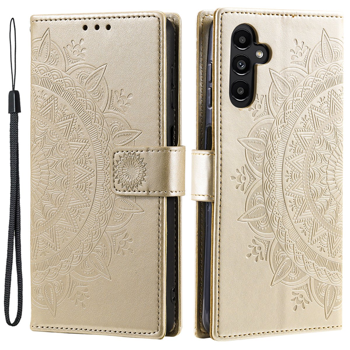 For Samsung Galaxy A16 5G / A16 4G Case Imprinted Totem PU Leather Wallet Stand Phone Cover - Gold