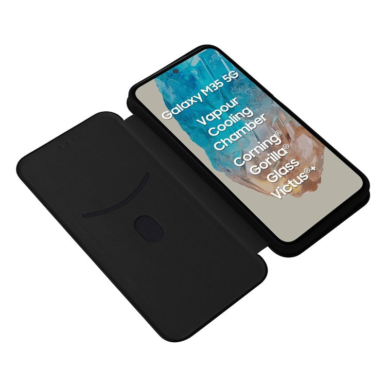 For Samsung Galaxy M35 5G Case Card Holder Carbon Fiber Texture Leather Cell Phone Cover - Black