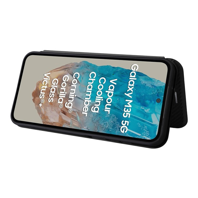 For Samsung Galaxy M35 5G Case Card Holder Carbon Fiber Texture Leather Cell Phone Cover - Black